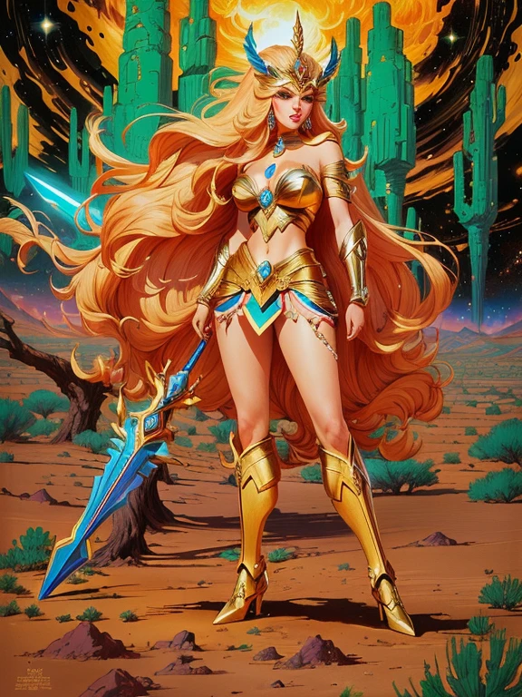 SexyToon, 8k, a drawing of a costumed woman standing in a field, mighty Desert Princess, she - ra, She-Ra, inspired by Henry Justice Ford, a fantasy comic book style, goddess of war, Desert Princess, inspired in Wally Wood, the galaxy sailor. beautiful, powerful girl, inspired by Philippe Druillet, inspired by Clyde Caldwell