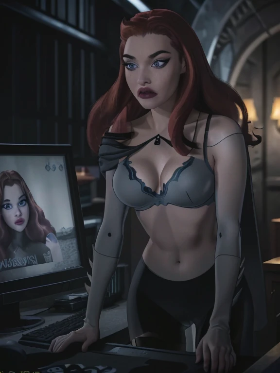 (a girl working with computers in batcave,( red long curly hair),beautiful icy blue eyes,beautiful detailed lips,beautiful face,long eyelashes, best quality,highres,ultra-detailed,realistic,dark castle vibes,Professional photographer shot, (black fit tank), (grey  sponge bra ) , (  black pantyhose)