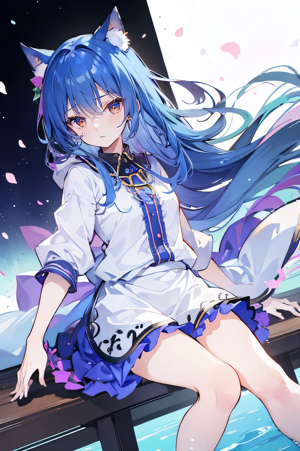 （masterpiece：1.2），Super detailed，lifelike，Expressive eyes，fair skin，perfect face shape，1 girl，
Japanese comics,Gorgeous blue hair,flowing blue hair,flowing clothes,Cat ears,Petals fall,beautiful lola,Baby Angel,
Cross your legs，Gentle and peaceful background，The pavilion is cool and comfortable, wearing hoodie, background of tokyo,back views,snowing, winter.