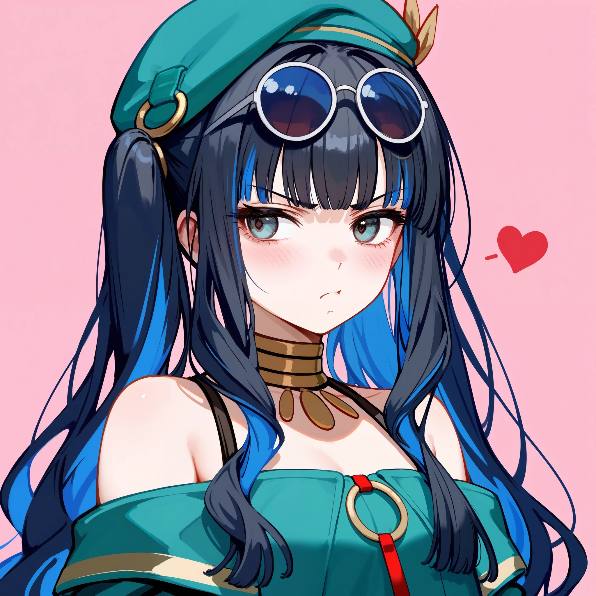 1girl, long hair, (twintails), portrait, multicolored hair, black hair, sidelocks, blue hair, wavy hair, eyeliner, jewelry, beret, o-ring, neck ring, buttons, round sunglasses, glasses on head, bracelet, bare shoulders, green jacket, off shoulder, zipper, annoyed, tsundere, looking away, pink background, hearts, masterpiece, score_9, score_8_up, score_7_up