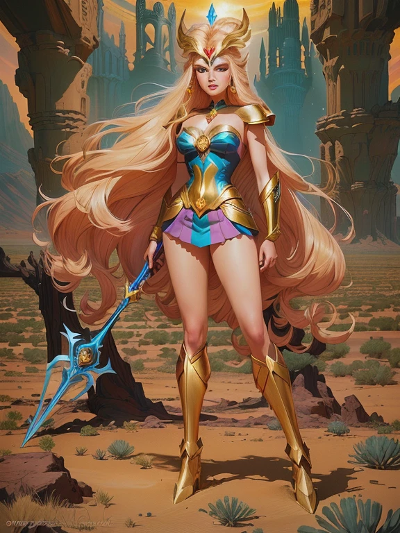 SexyToon, 8k, a drawing of a costumed woman standing in a field, mighty Desert Princess, she - ra, She-Ra, inspired by Henry Justice Ford, a fantasy comic book style, goddess of war, Desert Princess, inspired in Wally Wood, the galaxy sailor. beautiful, powerful girl, inspired by Philippe Druillet, inspired by Clyde Caldwell