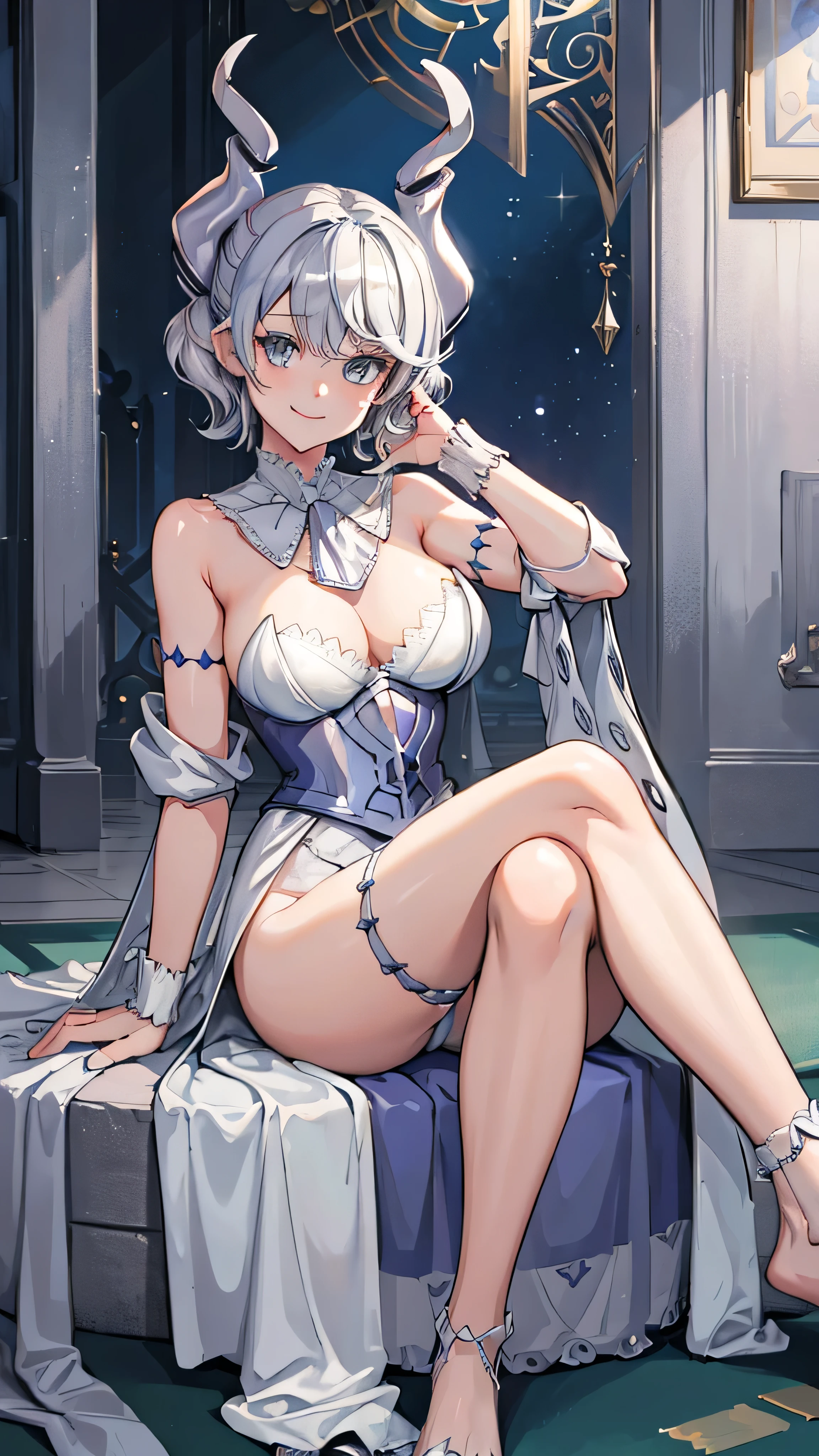 ((masterpiece,best quality)), 1girl, labrynth, , short hair, silver hair , fixed eyes , horn, no underwear, lying , smile,  legs crossed 