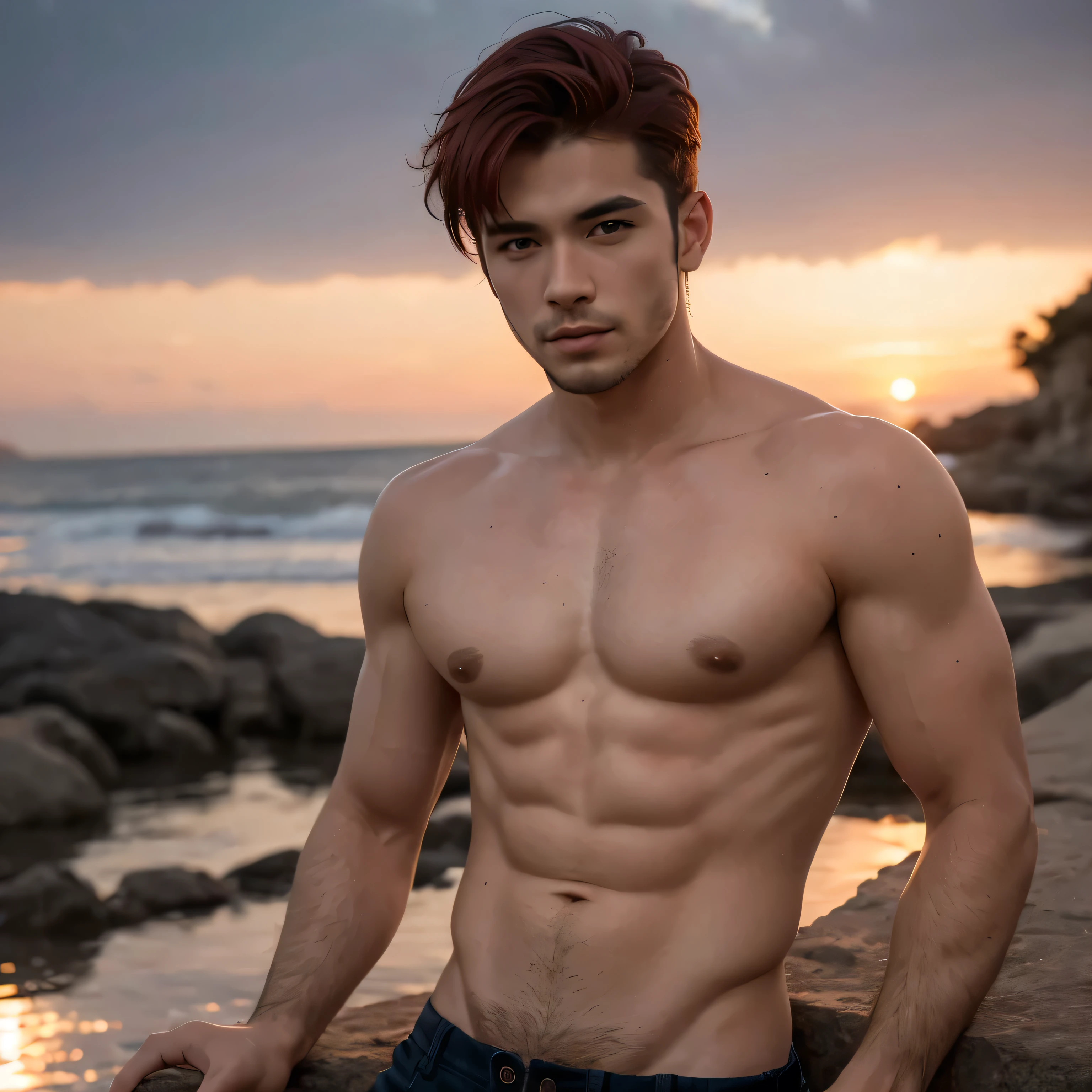 Men, six pack, red short hair, portrait, sunset, handsome, ultra detailed