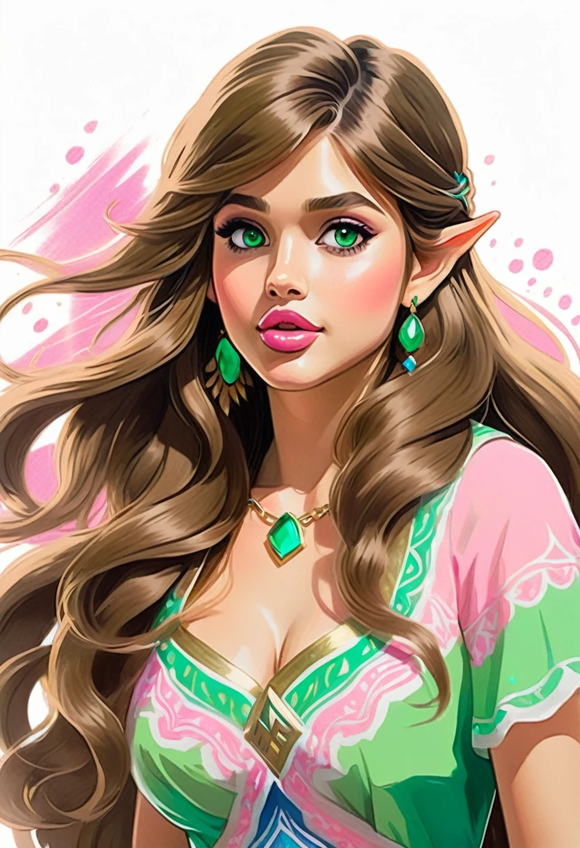 An Illustrated, Hand-Drawn, Full Color, Warm Lighting, Shadows, Graphite Shading, Stencil Marks, Airbrushed Acrylic Paint, In The Style Of Breath Of The Wild.wavy long hair, brown hair, 1girl, emerald eyes, waving with two fingers, pink lips, pastel green dress,