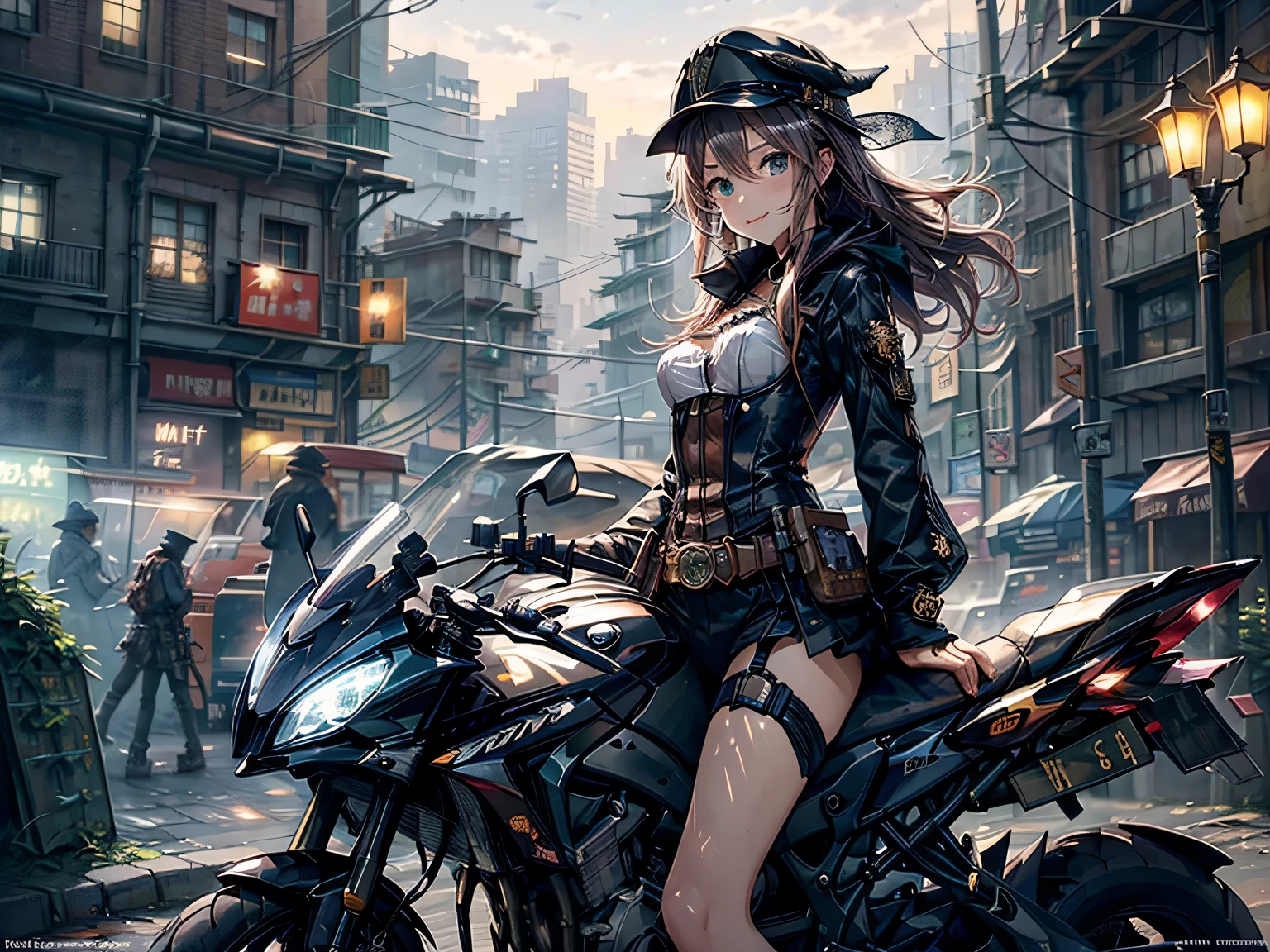(Manga style),(Line art_anime),(Cowboy Shot, highest quality, ),(Photo by Laura Budd:1.2),(Laura Add details:1.0),8k, Flat Color:0.8,(1 girl,Smile 1.5)、View your viewers,(1. Riding a steampunk bike.8)、(Classic style bike 1.5)、(Highly decorative and complex mechanical steampunk fashion, Lace flare dolphin hat、Goggles 1.5、machinery background、Gear background、Intricately mechanized steampunk cityscape 1.5),