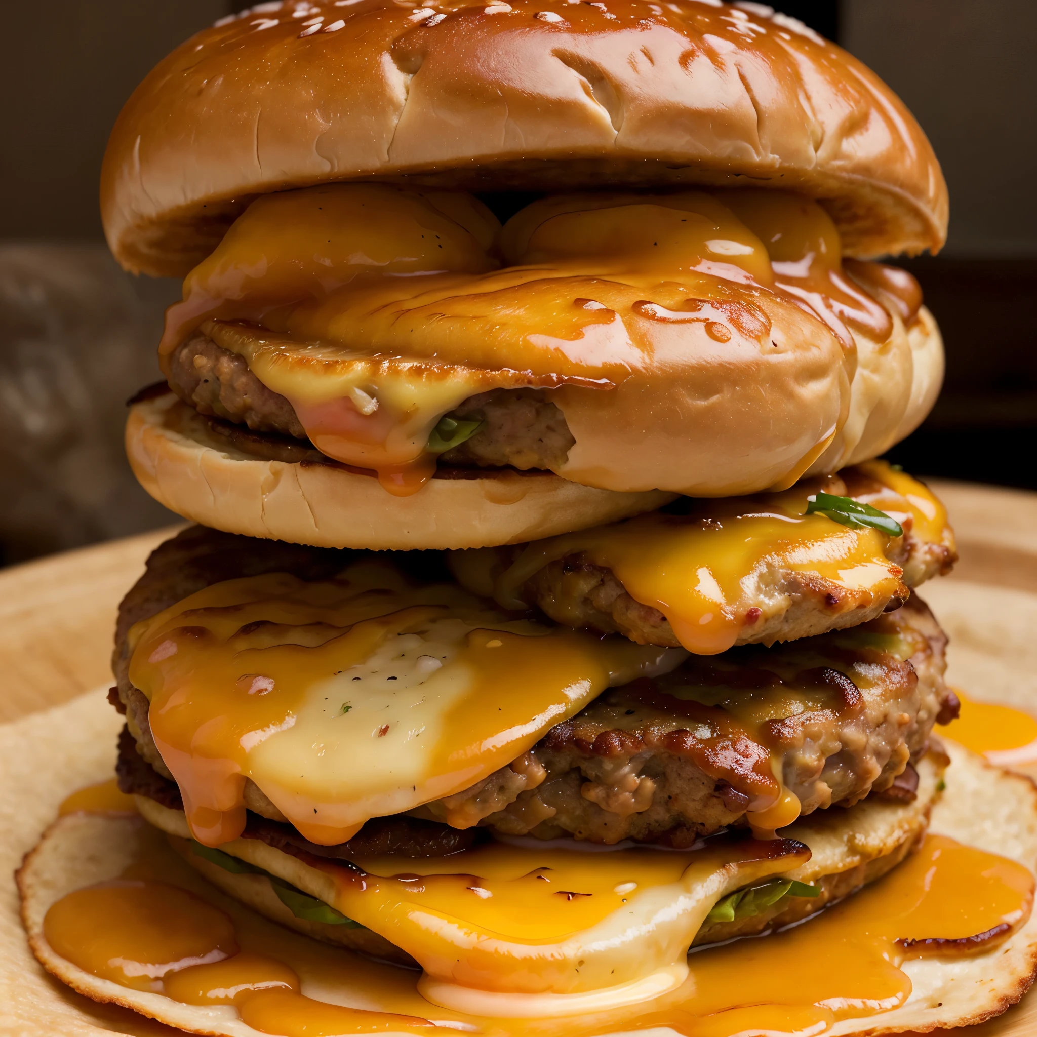 a juicy burger with two thick beef patties, melted cheese oozing over the edges, a perfectly cooked egg nestled atop each patty, highly detailed, 8k, realistic, mouth-watering, studio lighting, professional food photography
