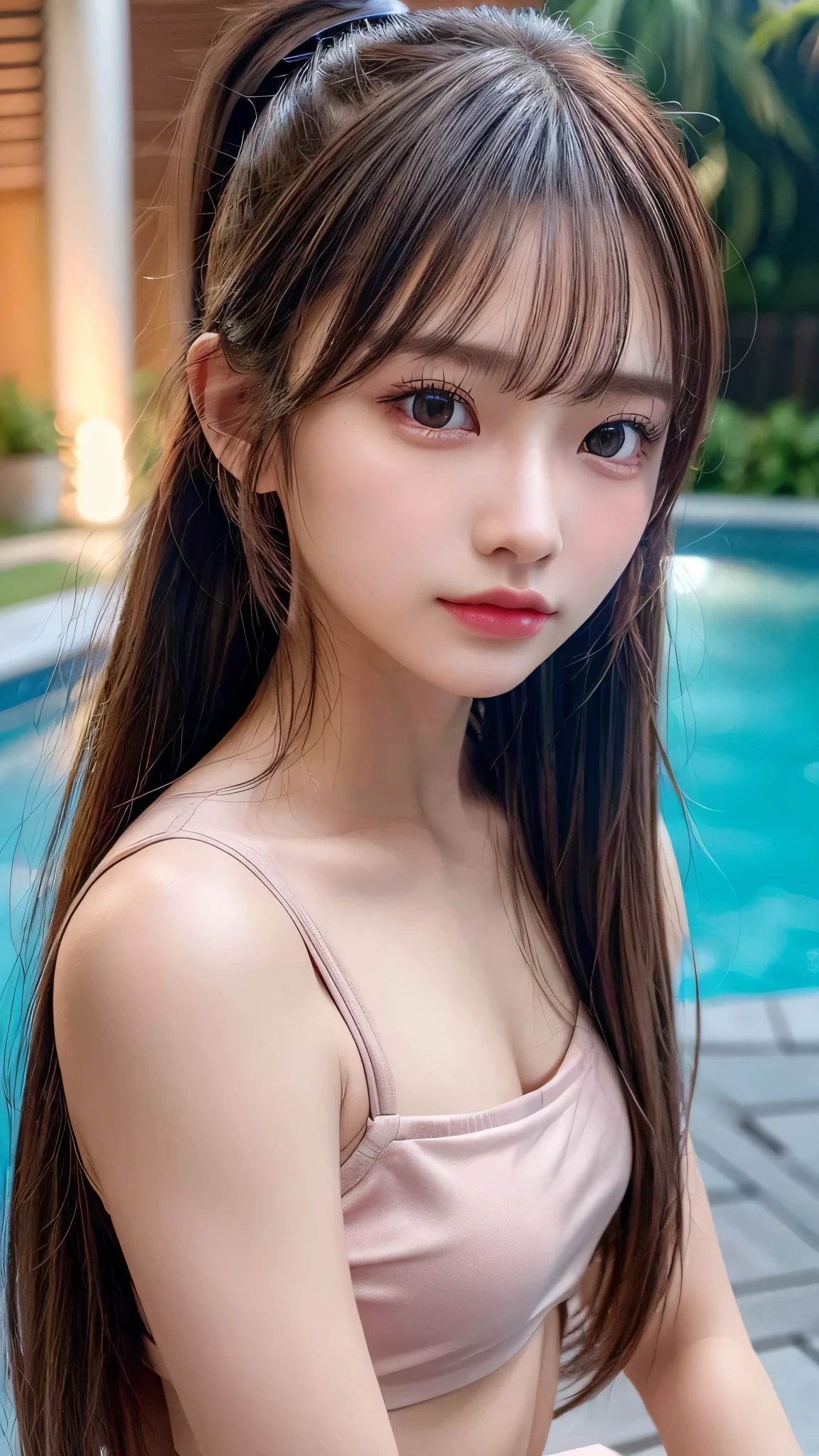 More skin, toView, Brown-eyed, (Light Brown Fringe Hair:1.2),Braided hair、The long-haired、Golden Ratio Face、Detailed eyebrows、A detailed eye、Detailed nose、Detailed mouth、Detailed hand、(Photorealsitic:1.4), (Top image quality:1.0), (超A high resolution:1.0), 8K, Raw photography, (​masterpiece:0.2), (pureerosface), swimming pools、(Bring your chest to the center with both hands:1.6), white luxury swimwear、(爆乳:1.4), Coordinated breasts, Facial expressions waiting for a kiss,(Place your chest on the edge of the pool:1.8), Bright lighting, wetting hair、from the chest up、(From the side:1.5)、(Curvaceous:1.5)