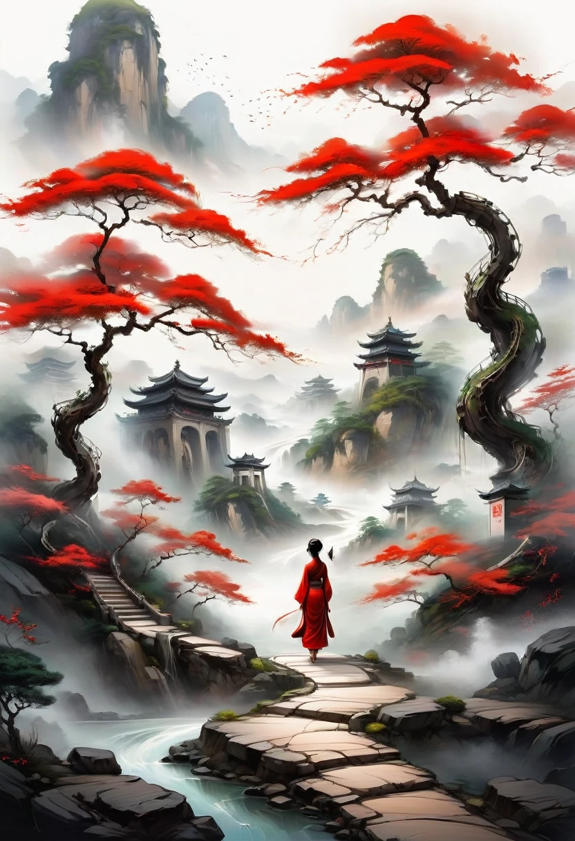 Chinese ink painting,fine and smooth brush strokes,minimalist,Simple lines outline a winding path,chinese ancient woman in red Stand at the end of the road seems to be waiting for something,leave a large area blank,clean white background,feeling of loneliness,zen and ethereal,abstract composition,Ultrawide shot,HD, best quality, masterpiece, very aesthetic, perfect composition, intricate details, ultra-detailed