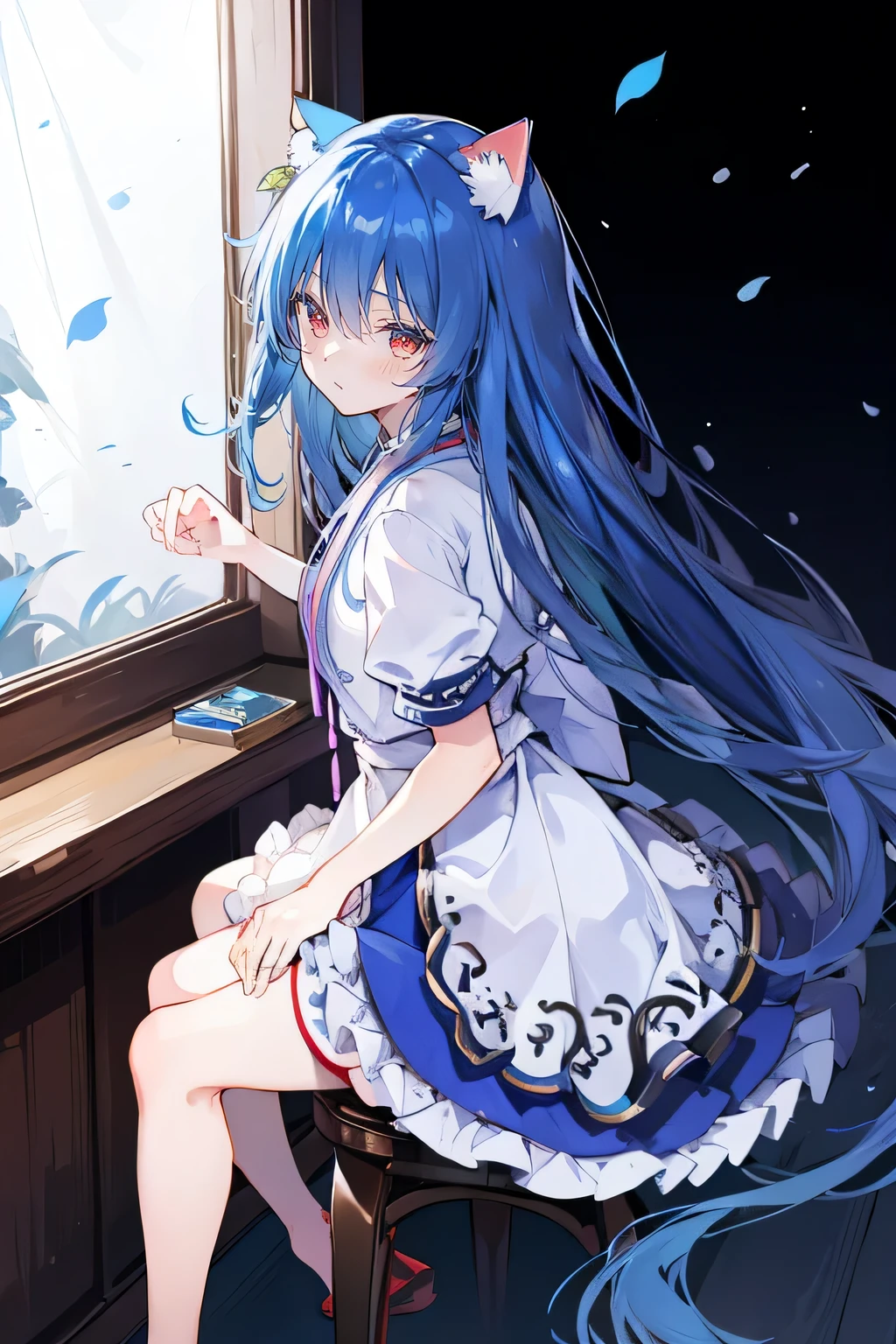 （masterpiece：1.2），Super detailed，lifelike，Expressive eyes，fair skin，perfect face shape，1 girl，
Japanese comics,Gorgeous blue hair,flowing blue hair,flowing clothes,Cat ears,Petals fall,beautiful lola,Baby Angel,
Cross your legs，Gentle and peaceful background，The pavilion is cool and comfortable, wearing hoodie, background of tokyo,back views,snowing, winter.