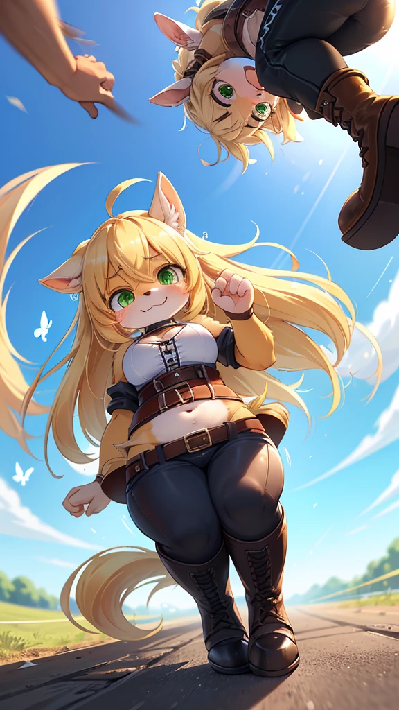 Unrealistic Perspective , dynamic angle , rule of thirds Layout , Bokeh  , dynamic action , realistic hairy fur , round face , moist round eyes , Swollen cheeks , hair ties , Short stature , accidents , Happenings , sensational , front view , top view , back view , side view , from above , from below , Joy, anger, sorrow, and happiness , Pleasure , Pain , sit , standing , lying down , lying back , squad , jump , (Fluttering in the wind , zoom blur , running:1.3) ,
(horse:1.3), pants, Cowboy Shot, One girl, Blonde Hair, Long Hair, Green Eyes, alone, Ahoge,abdomen, boots, smile, belly button,belt, Cleavage, break, 