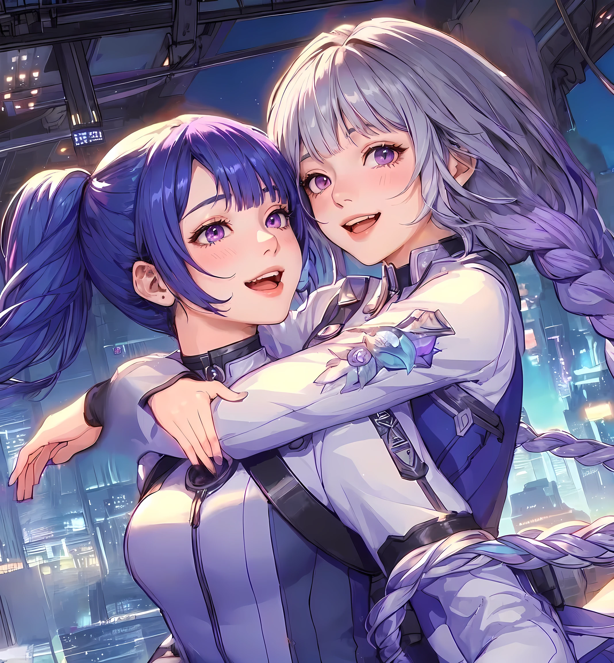 2ladies, (1lady carrying the other on back), walking, (futuristic costume) stylish, mature female, (masterpiece best quality:1.2) delicate illustration ultra-detailed, large breasts BREAK 1lady, (silver long hair), twin braid, (gradient hair) purple, blush happy smile, (open mouth), purple eyes BREAK 1lady, looking back, (dark blue long hair) bangs, (gradient hair) green, (kind smile) BREAK (futuristic city) outdoors, soft lighting, night cityscape, science fiction, detailed background