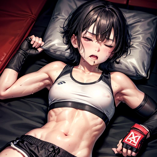 Sweat-soaked and covered in scars, she is lying down in a mixed martial arts ring, KO'd. She is out of strength. Eyes closed, mouth open, she is out of breath. She is drooling. She is a cute Japanese high school girl with short-cut black hair. She is wearing a sports bra, high-leg shorts, and open-fingered gloves. Small breasts, poor belly, slender body, poor body. Erect nipples.