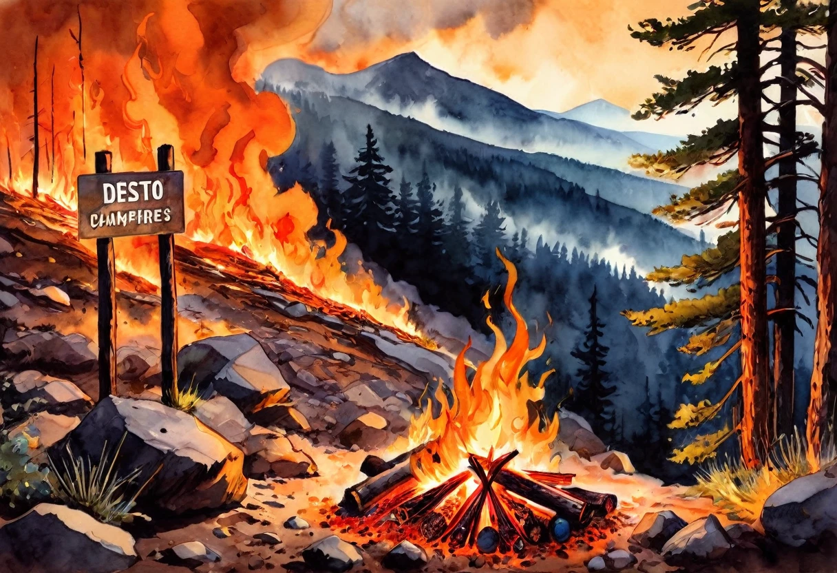 Forest fire encompassed in orange-hued vibrant watercolor paints, hyper-realistic detail capturing the scene from a mountain viewpoint, with prominently featured "no campfires" and "danger" signs, the former sign's wording partially obscured by the intensifying flames, the latter positioned as a forewarning to the unseen fire's edge, smoldering embers and dramatic shadows cast across the scene, complemented by deliberate orange. style of Philippe Vignal