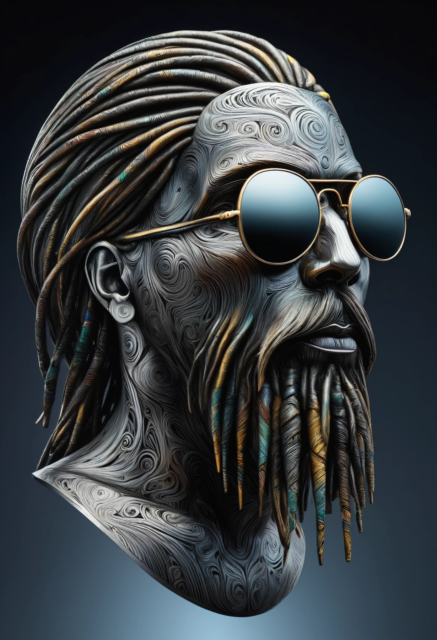 Retro futuristic sculpture made of thousands of individual pieces of acid etched Damascus steel, a 3 dimensional free-floating head of a rastafarian, viewed from the side, head back, looking up, full dreadlocked hair, (aviator, mirror sunglasses:1.2), dreadlocked beard, damascus patternation, cold steel, backlit, highly reflective, dark gradient background, volumetric mist