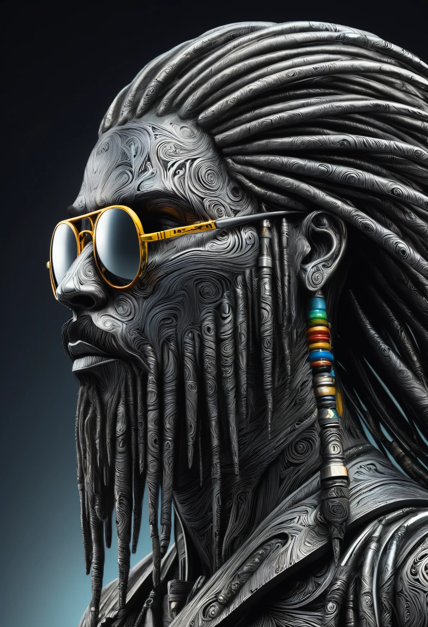 Retro futuristic sculpture made of thousands of individual pieces of acid etched Damascus steel, a 3 dimensional free-floating head of a rastafarian, viewed from the side, head back, looking up, full dreadlocked hair, (aviator, mirror sunglasses:1.2), dreadlocked beard, damascus patternation, cold steel, backlit, highly reflective, dark gradient background, volumetric mist