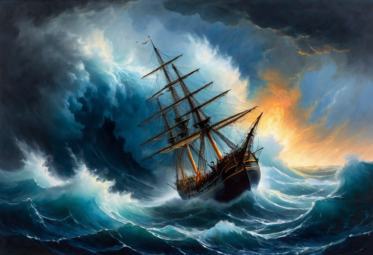 Aivazovsky-inspired hyperrealistic painting depicts a vessel succumbing to a tempest, embodying despair and impending doom, watercolor hues of the most luminous spectrum, backdrop infused with a sense of dire urgency, blue pigment cascading beyond the canvas edges, invoking a sense of epic drama, hyperdetailed, emotional turmoil captured, masterpiece evoking horror, panic, suspense, blue paint. Best quality, masterpiece, ultra high resolution