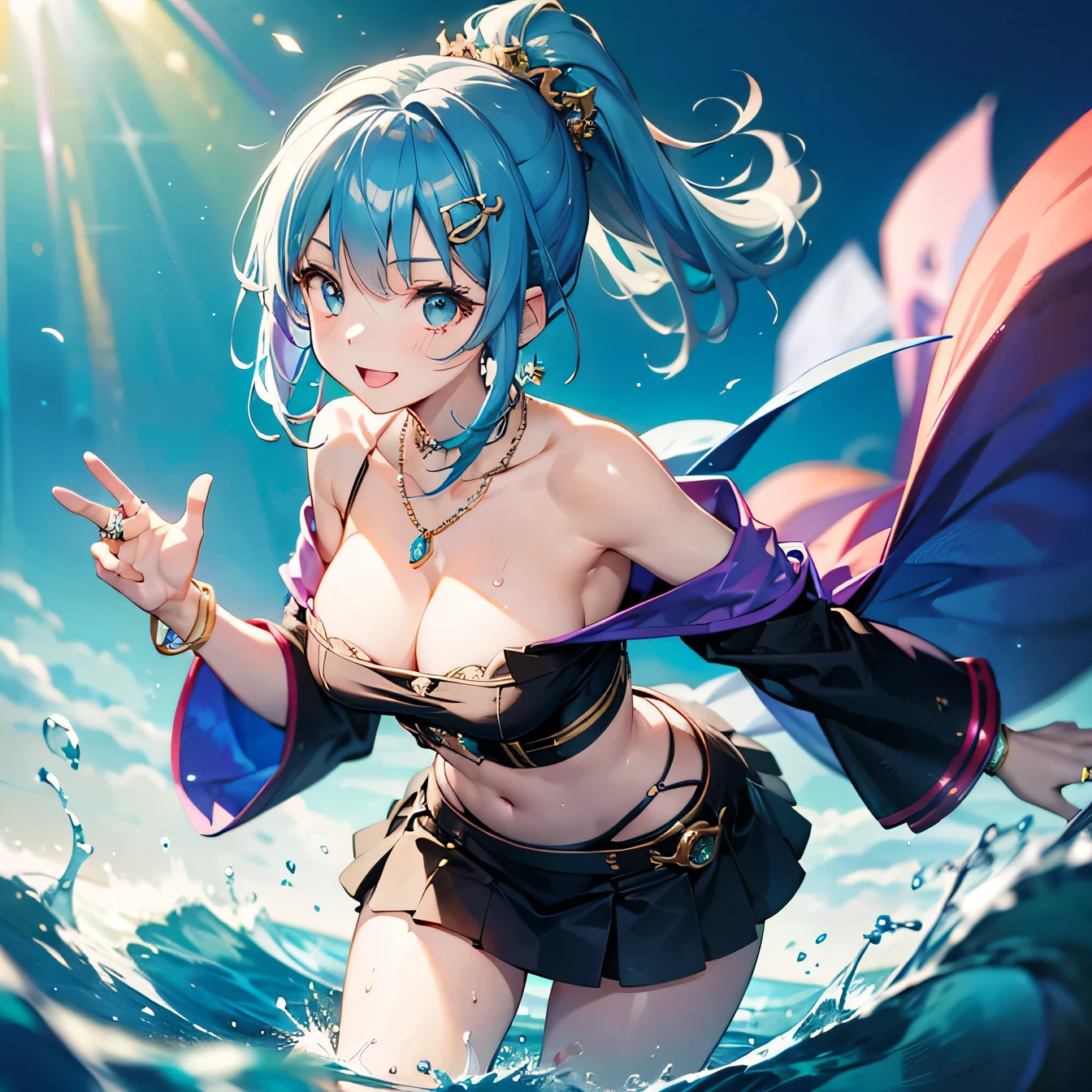 Anime Moe Art Style,highest quality,High resolution,Anatomically correct,One Girl,Mid-s,A girl with light blue hair in a ponytail,Super detailed,Fantasy World,Off-the-shoulder tops,mini skirt,Big Breasts,A rich expression,A big smile,Playing in the water,Eyes drawn in detail,hair ornaments,necklace,bracelet,ring,8K