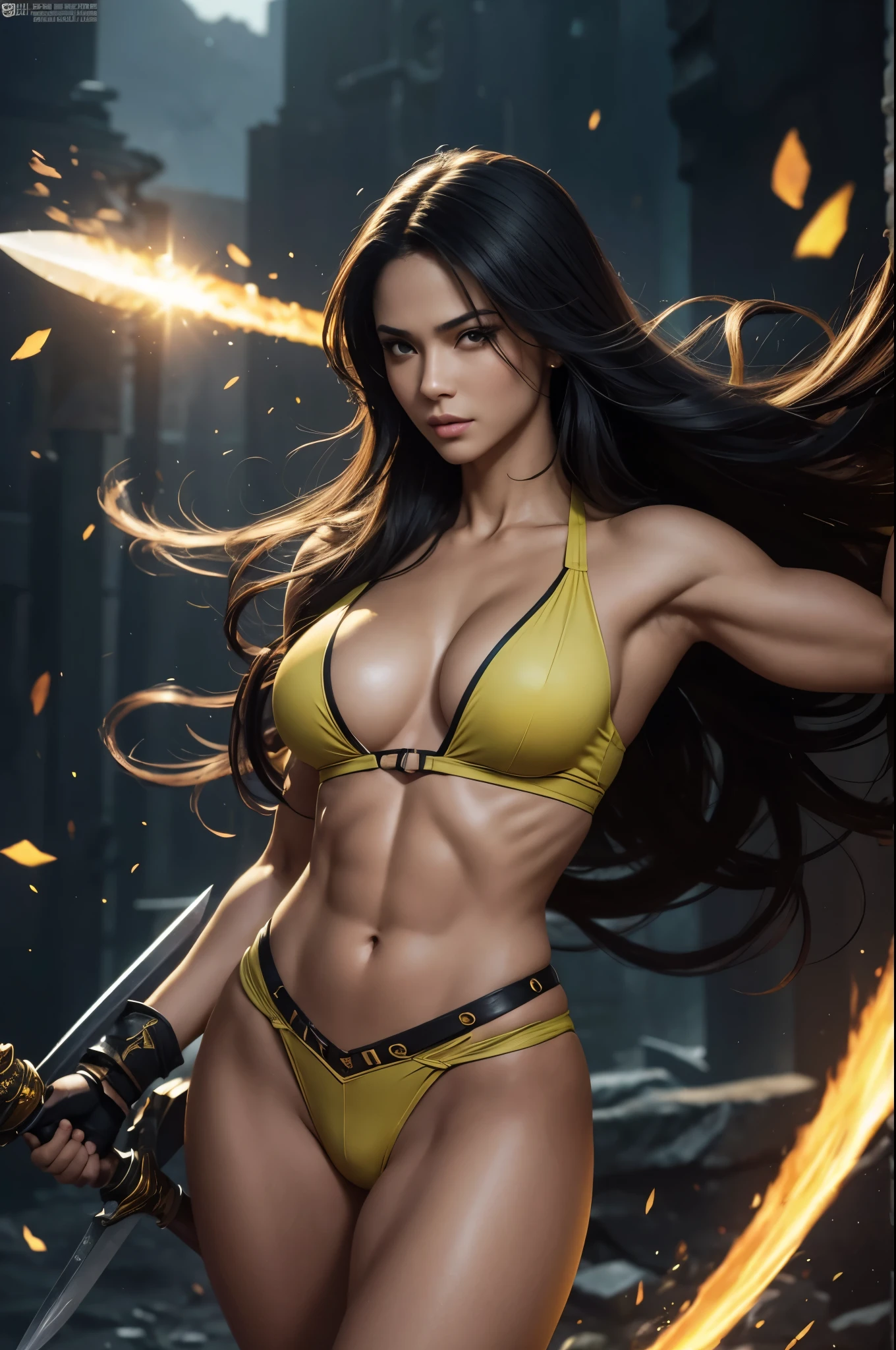 8K,A dark-haired Jamaican female demon slayer,Super Beauty(Like the real thing),Sexy Jamaican Demon Slayer,Toned, muscular body,carry a long and large sword,Perfect Anatomy,charm,Volume measurement,Body balance,Digital single-lens reflex camera, Soft lighting, Detailed Background, Written boundary depth, Volumetric lighting, Sharp focus, Absurd, Realistic proportions, Excellent anatomy, (Realistic, 超Realistic:1.4), 16K HDR, dawn,A High Resolution,super Realistic 肌,Super beautiful expression,Fantasy art,Character Art,Wind effects:1.9、Cloud Effect:1.2、Full Rendering、Professional quality high resolution、Perfect contrast、Perfect lighting、Perfect composition、Perfect Skin、Perfect Fingers、Perfect breasts、Perfect Hair、Perfect Face、Realistic facial features,super highest quality,Slim figure,Perfect body line,Perfect hand shape,Anatomical body balance,Highly detailed face,Highly detailed eyes,Beautiful Lips,Excellent light particles,Cinema Lighting,Makeup,Ultra-high resolution,Ultra-Realistic Skin,Super Muscular Body,Hard and strong abs,Yellow and green battle outfit,Green and yellow combat trousers,Combat Ready,Chaotic Battlefield,Intense Combat,Dynamic action poses,Sharp Eyes,