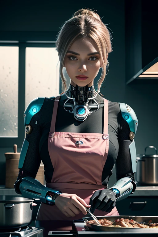 Beautiful Cyborg woman cooking in the modern kitchen, upper body Pink and cyan, beautiful detailed eyes, beautiful detailed lips in, extremely detailed face and features, long eyelashes, She is cooking, intricate, dramatic lighting, cinematic composition, complex machinery, complex circuitry, advanced materials, glass and metal construction, seamless integration, dynamic lights, vivad colors, She has a Cyborg body with drawings ،Pink and cyan Attention to detail gritty background, sharp focus, studio photo, intricate details, highly detailed, 8k. By Galr Dfh
