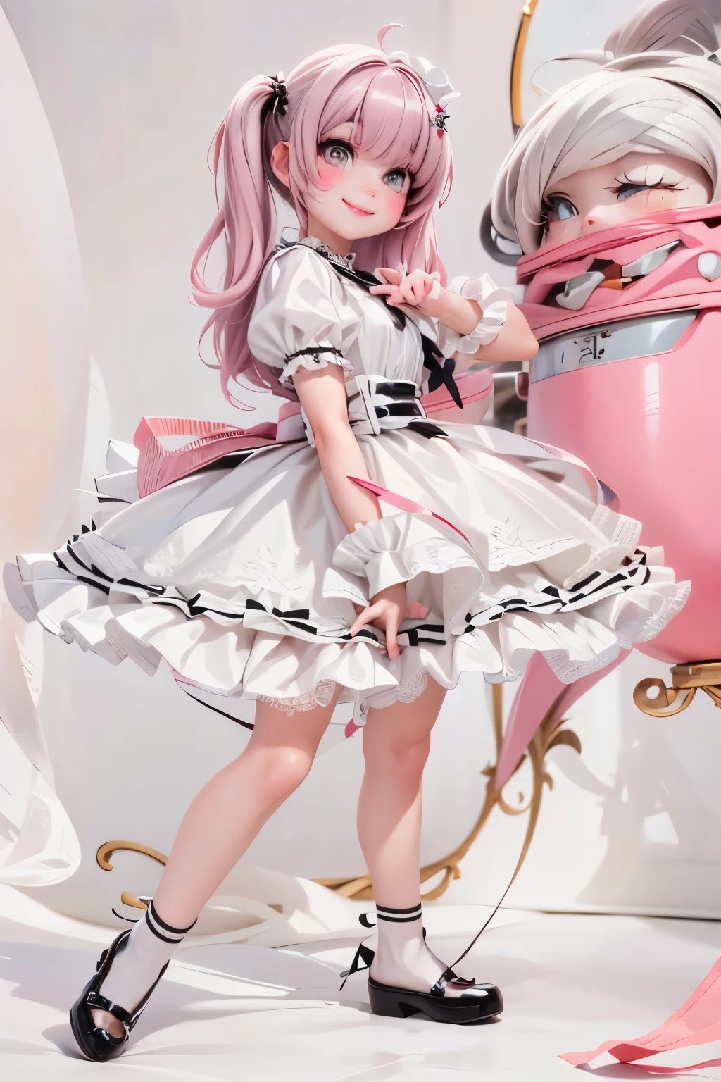 a cute girl smiling, medium hair, girly short dress, white socks, black patent leather mary_janes, hairpins, hands to the front