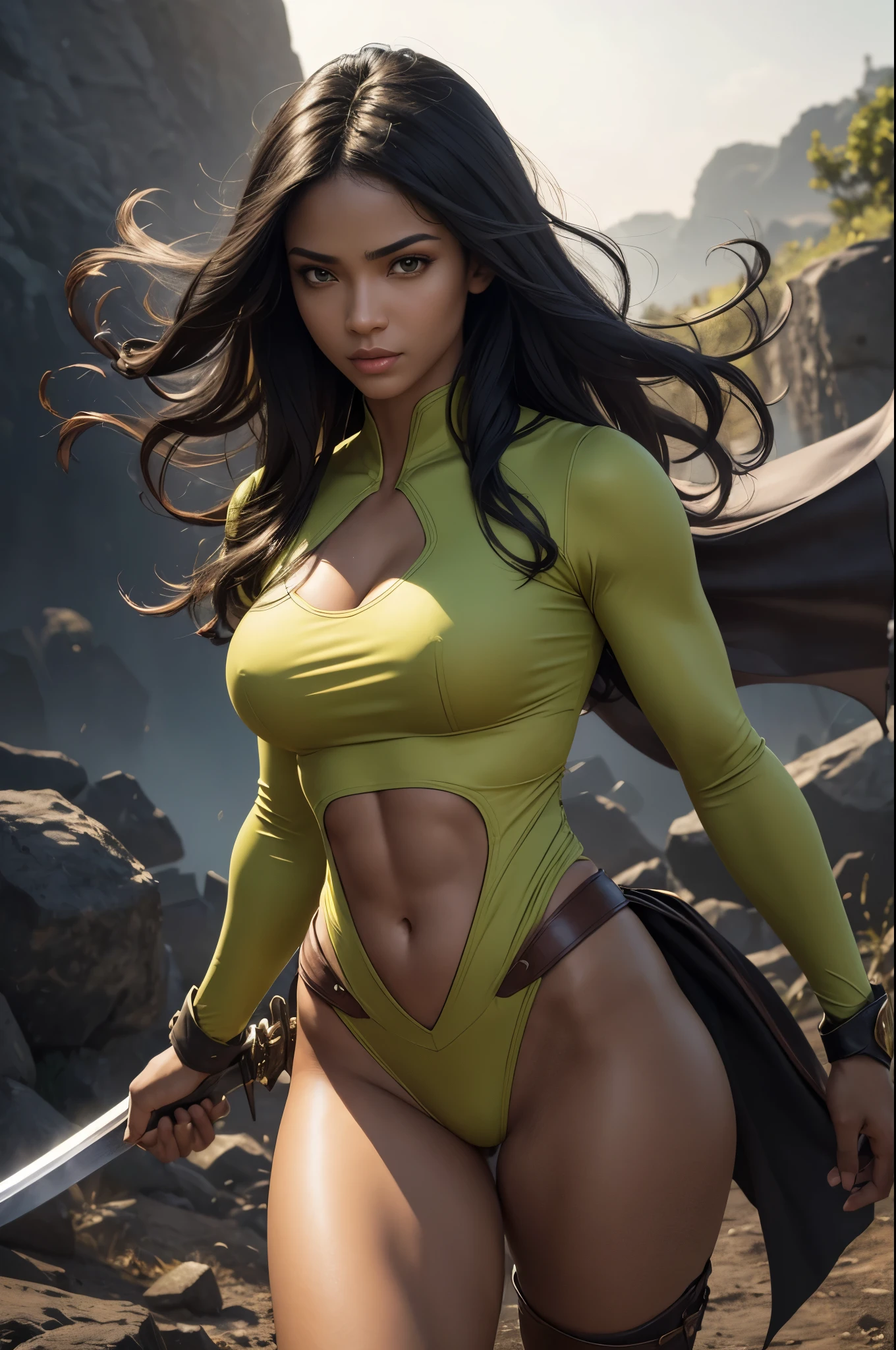 8K,A dark-haired Jamaican female demon slayer,Super Beauty(Like the real thing),Sexy Jamaican Demon Slayer,Toned, muscular body,carry a long and large sword,Perfect Anatomy,charm,Volume measurement,Body balance,Digital single-lens reflex camera, Soft lighting, Detailed Background, Written boundary depth, Volumetric lighting, Sharp focus, Absurd, Realistic proportions, Excellent anatomy, (Realistic, 超Realistic:1.4), 16K HDR, dawn,A High Resolution,super Realistic 肌,Super beautiful expression,Fantasy art,Character Art,Wind effects:1.9、Cloud Effect:1.2、Full Rendering、Professional quality high resolution、Perfect contrast、Perfect lighting、Perfect composition、Perfect Skin、Perfect Fingers、Perfect breasts、Perfect Hair、Perfect Face、Realistic facial features,super highest quality,Slim figure,Perfect body line,Perfect hand shape,Anatomical body balance,Highly detailed face,Highly detailed eyes,Beautiful Lips,Excellent light particles,Cinema Lighting,Makeup,Ultra-high resolution,Ultra-Realistic Skin,Super Muscular Body,Hard and strong abs,Yellow and green battle outfit,Green and yellow combat trousers,Combat Ready,Chaotic Battlefield,Intense Combat,Dynamic action poses,Sharp Eyes,