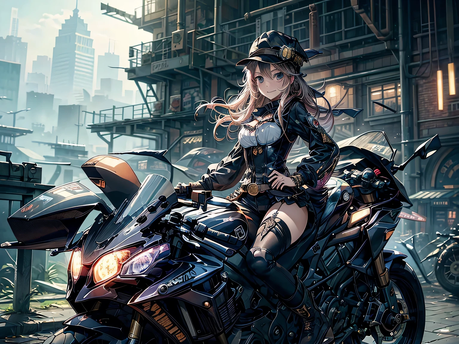 (Manga style),(Line art_anime),(Cowboy Shot, highest quality, ),(Photo by Laura Budd:1.2),(Laura Add details:1.0),8k, Flat Color:0.8,(1 girl,Smile 1.5)、View your viewers,(1. Riding a steampunk bike.8)、(Classic style bike 1.5)、(Highly decorative and complex mechanical steampunk fashion, Lace flare dolphin hat、Goggles 1.5、machinery background、Gear background、Intricately mechanized steampunk cityscape 1.5),