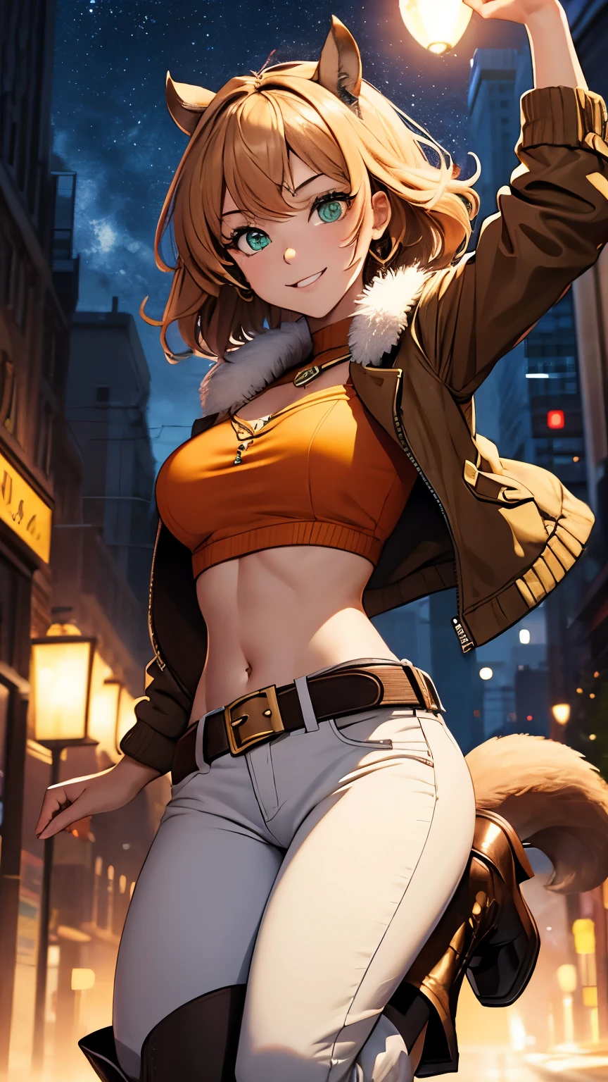 ,(Highly quality, masterpiece, detailed), Night city detailed scenario, Night city detailed background, 20 years old girl, smile, green eyes, Squirrel girl, Brown jacket, orange shirt, crop top, gold belt, white pants, boots, fluffy boots, Squirrel tail, Abdomen, Navel, beautiful eyes, perfect eyes, looking at the viewer, Sexy pose