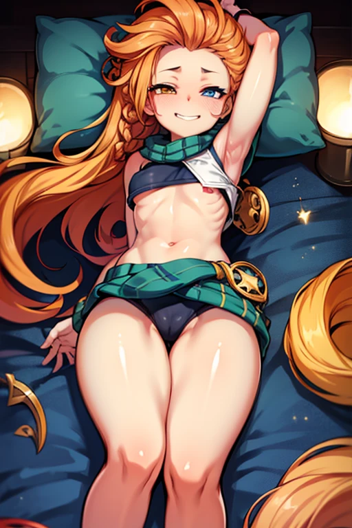 1girl,zoe,(heterochromia:1.3),(long hair),multicolored hair,(messy hair),orange hair,green hair tips,croptop,short pants,,thicc,thick thighs,curvy, no deformities, no amputations, no contourism, correct anatomy, small breasts,,smile,smiling,(smug:1.2),(teasing smile),seductive expression,(smirk),(half closed eyes),(starry night),room,bed,(lying),(lying in bed:1.4),hips,standing,masterpiece,extremely detailed CG unity 8k wallpaper, best quality,32k,focus sharp, 