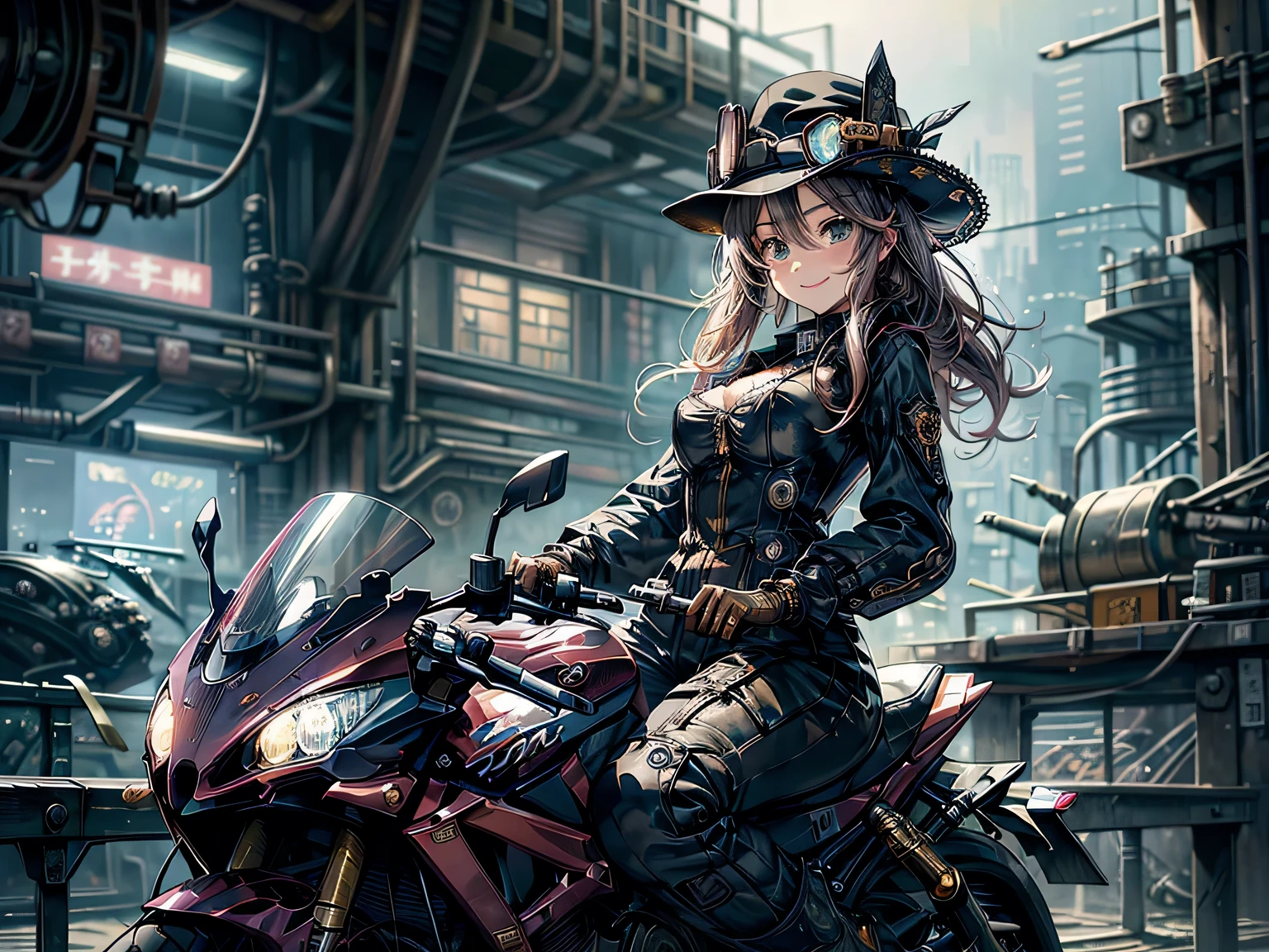 (Manga style),(Line art_anime),(Cowboy Shot, highest quality, ),(Photo by Laura Budd:1.2),(Laura Add details:1.0),8k, Flat Color:0.8,(1 girl,Smile 1.5)、View your viewers,(1. Riding a steampunk bike.8)、(Classic style bike 1.5)、(Highly decorative and complex mechanical steampunk fashion, Lace flare dolphin hat、Goggles 1.5、machinery background、Gear background、Intricately mechanized steampunk cityscape 1.5),