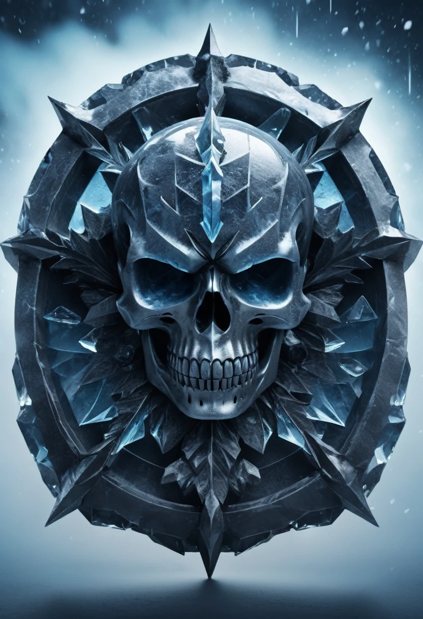a detailed ice skull logo, intricate ice crystal structure, sharp icy edges, frozen glacial aesthetic, 3D rendered, cinematic lighting, dynamic composition, mist and fog effects, high contrast, blue-white color palette, subzero temperature atmosphere, ultra-realistic, 8k, photorealistic, cinematic quality, masterpiece