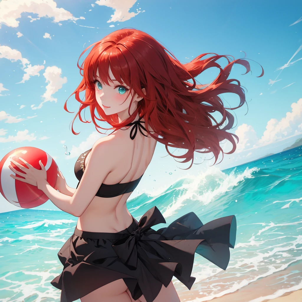 (((masterpiece,best quality,32k))) an image of a cute anime girl with medium red hair, wearing a black ornate bikini with skirt, playing with a colorful beach ball at a sunny beach. She should have big, sparkling eyes and a joyful expression, with the ocean waves and a clear blue sky in the background. ((medium red hair)), ((beach ball)), ((sunny beach)), ((ocean waves)), [clear blue sky]