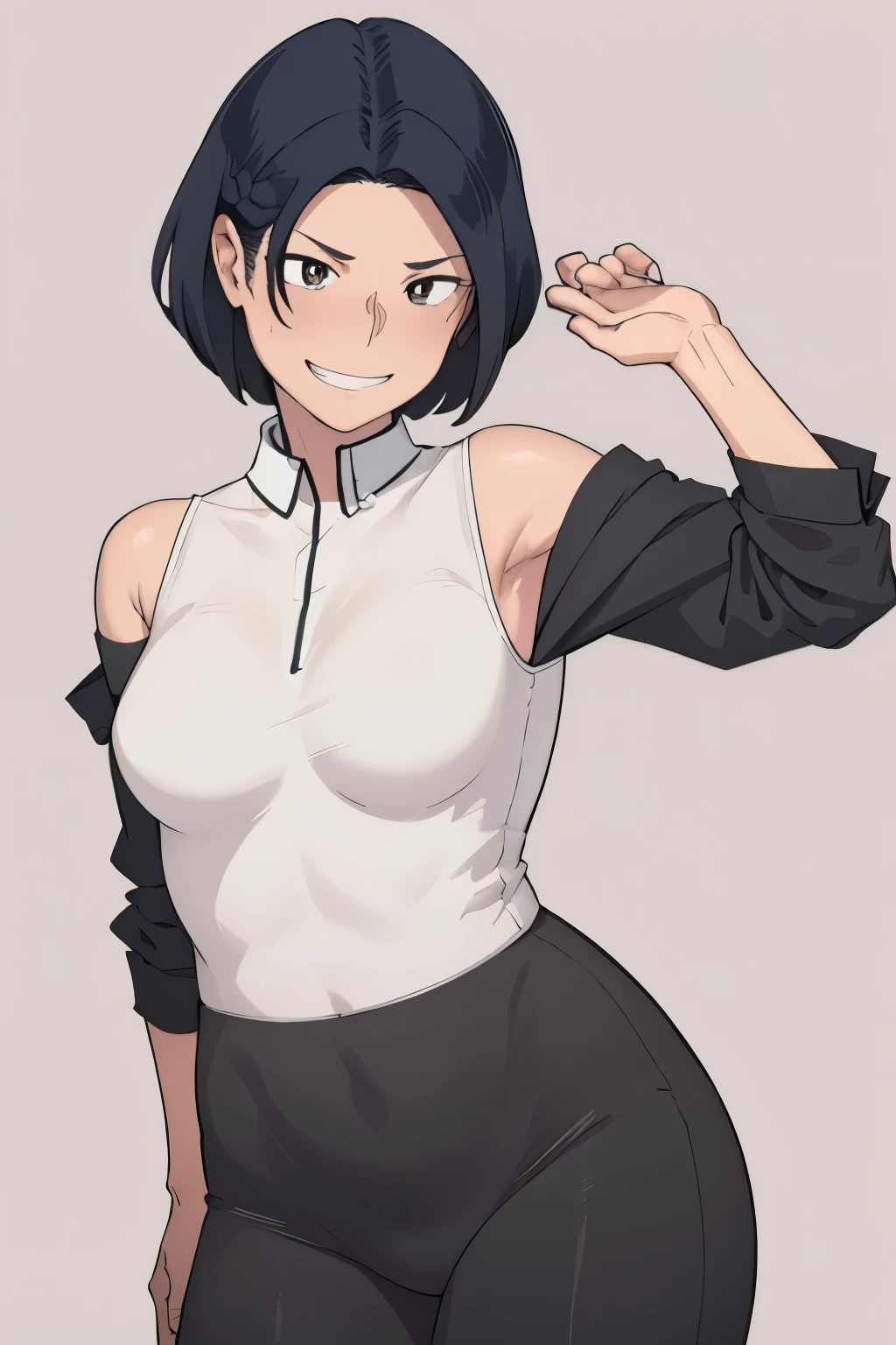 (masterpiece, best quality:1.2), ntrman, portrait of original character, 1girl, solo, teenage female, tomboy, short black hair, side parted hairstyle, brown eyes, expressive eyes, smug grin, healthy complexion, athletic form, small breasts, wide hips, white dress shirt, formal black pants, looking at viewer, upper body, simple background, ar 2.3