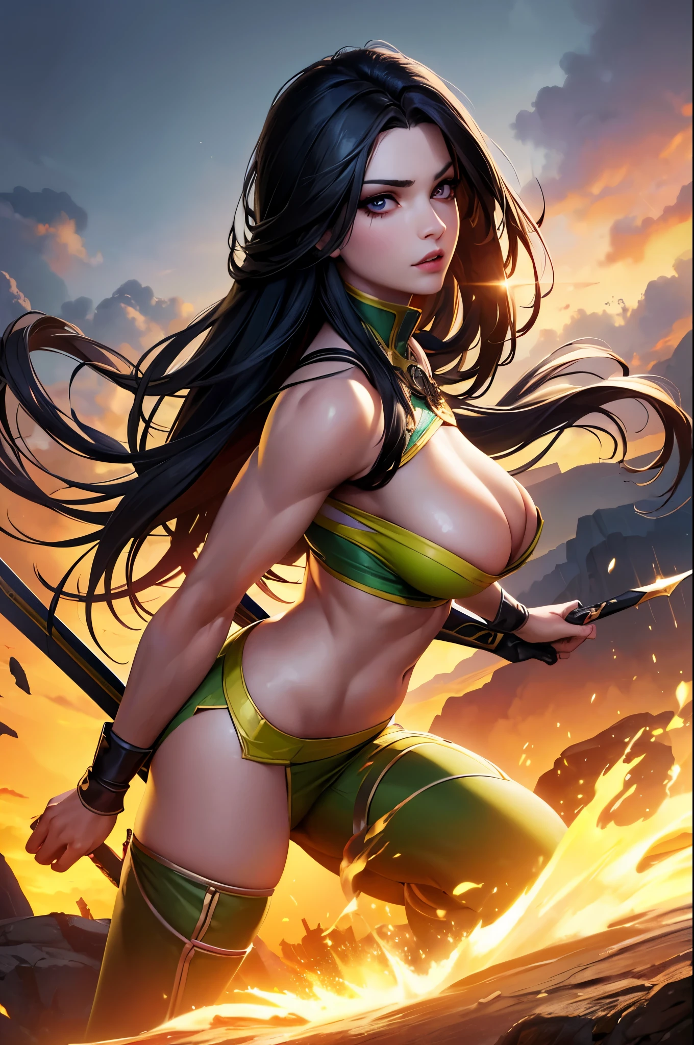 8K,A dark-haired Jamaican female demon slayer,Super Beauty(Like the real thing),Sexy Jamaican Demon Slayer,Toned, muscular body,carry a long and large sword,Perfect Anatomy,charm,Volume measurement,Body balance,Digital single-lens reflex camera, Soft lighting, Detailed Background, Written boundary depth, Volumetric lighting, Sharp focus, Absurd, Realistic proportions, Excellent anatomy, (Realistic, 超Realistic:1.4), 16K HDR, dawn,A High Resolution,super Realistic 肌,Super beautiful expression,Fantasy art,Character Art,Wind effects:1.9、Cloud Effect:1.2、Full Rendering、Professional quality high resolution、Perfect contrast、Perfect lighting、Perfect composition、Perfect Skin、Perfect Fingers、Perfect breasts、Perfect Hair、Perfect Face、Realistic facial features,super highest quality,Slim figure,Perfect body line,Perfect hand shape,Anatomical body balance,Highly detailed face,Highly detailed eyes,Beautiful Lips,Excellent light particles,Cinema Lighting,Makeup,Ultra-high resolution,Ultra-Realistic Skin,Super Muscular Body,Hard and strong abs,Yellow and green battle outfit,Green and yellow combat trousers,Combat Ready,Chaotic Battlefield,Intense Combat,Dynamic action poses,Sharp Eyes,