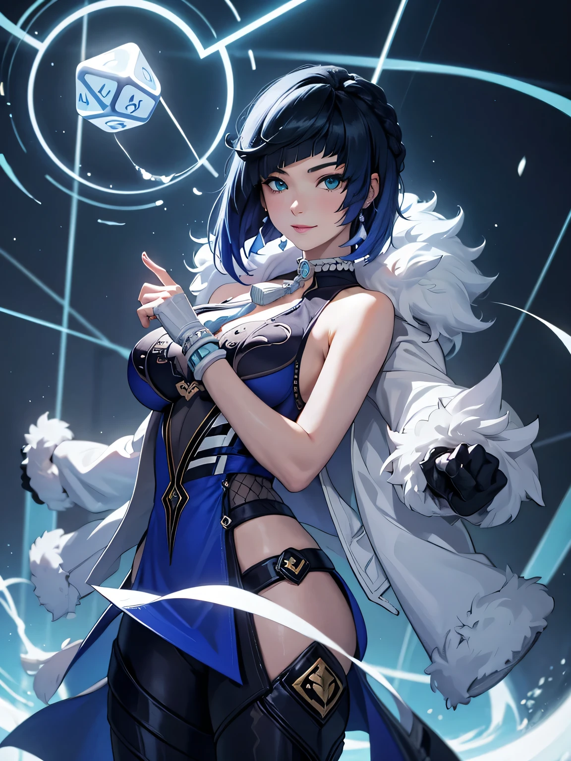 [yelandef]:1.5,((masterpiece,highest quality,Detailed images,Beautiful images))1.4(1girl,solo)(Picture of Yelan holding a dice、smile、church、morning、Water Drop、Snowstorm、Blue glowing line、Bright lighting overall、Backlight、A fantastic atmosphere、Thick Fog)1.1(Beautiful body lineedium beauty breasts、Beautiful side breasts)
