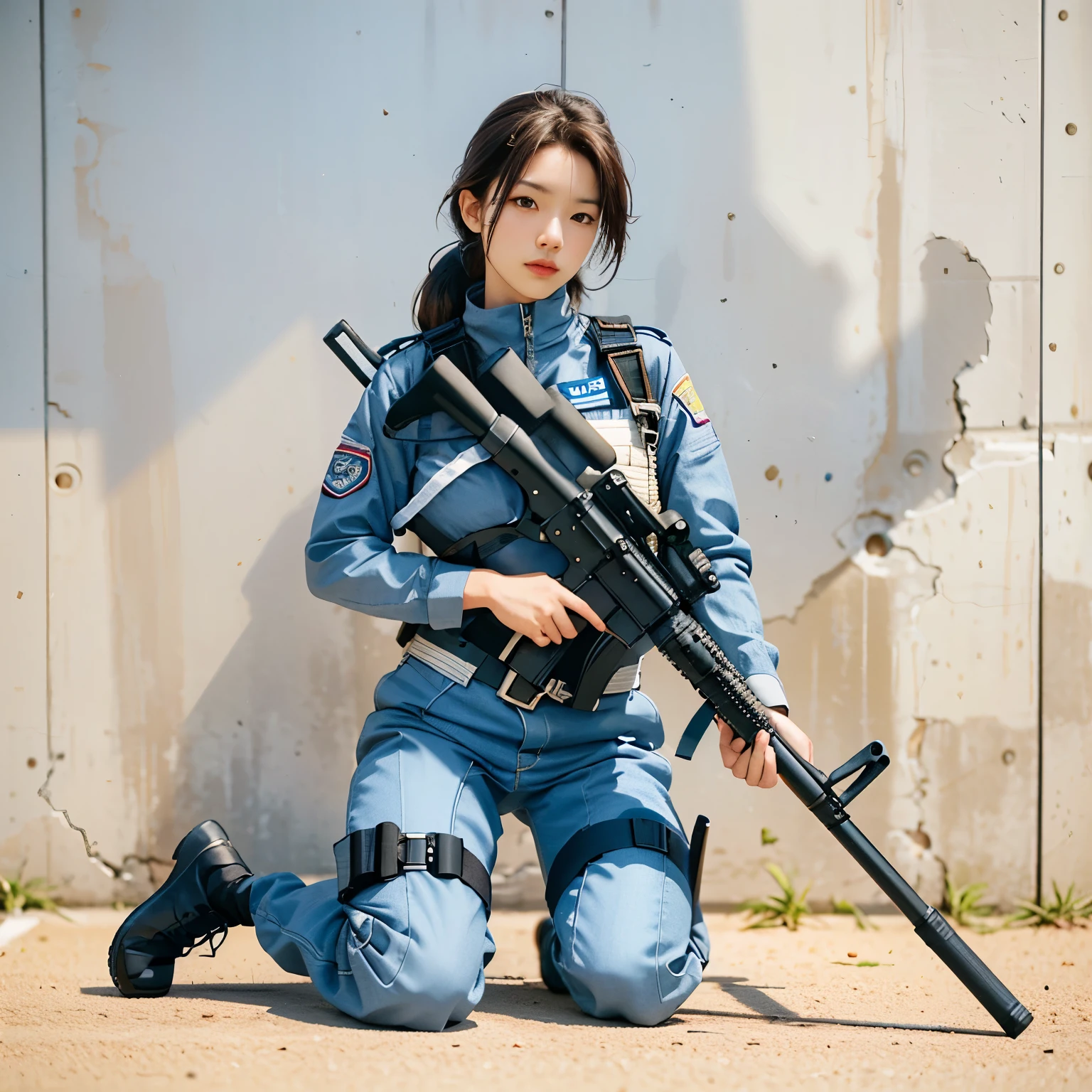 Solo highly condensed with combat action、Solo Shot、(Whole body:0.5, view front))actionpose、Highest image quality, excellent details, Ultra-high resolution, (Realism: 1.4), ((Full body:0.5, view front)), One girl highly condensed in combat action, With a beautiful and delicate face, ((Shoot machine guns)), (Wearing a racing suit and liking police uniform, military harness), holding a machine gun, Simple gray wall on background,
