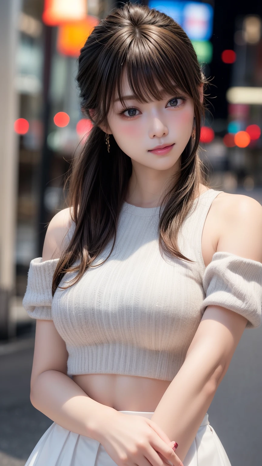 highest quality、Natural Lip、Fair skin、Great light、Beautiful lighting、((Straight hair))、((Ponytail Hair))、((Black Hair))、Blunt bangs、Off the shoulder、Large Breasts、Large Breastsの谷間、White crop top、mini skirt、Gorgeous Accessories、Harajuku at night、smile、かわいいsmile、Crowd in the city at night