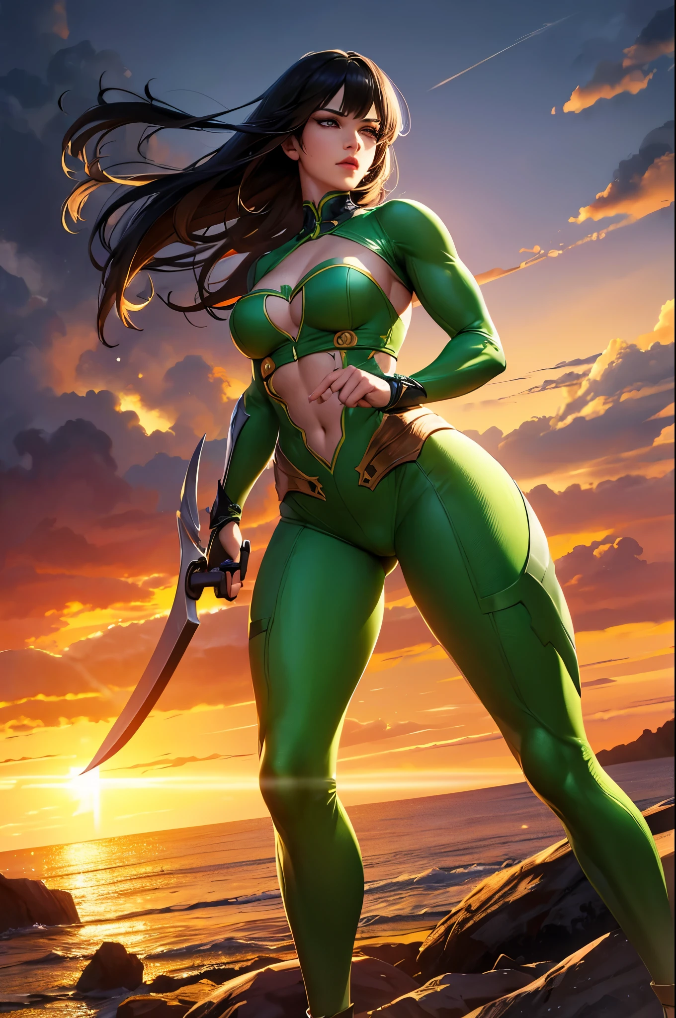 8K,A dark-haired Jamaican female demon slayer,Super Beauty(Like the real thing),Sexy Jamaican Demon Slayer,Toned, muscular body,carry a long and large sword,Perfect Anatomy,charm,Volume measurement,Body balance,Digital single-lens reflex camera, Soft lighting, Detailed Background, Written boundary depth, Volumetric lighting, Sharp focus, Absurd, Realistic proportions, Excellent anatomy, (Realistic, 超Realistic:1.4), 16K HDR, dawn,A High Resolution,super Realistic 肌,Super beautiful expression,Fantasy art,Character Art,Wind effects:1.9、Cloud Effect:1.2、Full Rendering、Professional quality high resolution、Perfect contrast、Perfect lighting、Perfect composition、Perfect Skin、Perfect Fingers、Perfect breasts、Perfect Hair、Perfect Face、Realistic facial features,super highest quality,Slim figure,Perfect body line,Perfect hand shape,Anatomical body balance,Highly detailed face,Highly detailed eyes,Beautiful Lips,Excellent light particles,Cinema Lighting,Makeup,Ultra-high resolution,Ultra-Realistic Skin,Super Muscular Body,Hard and strong abs,Yellow and green battle outfit,Green and yellow combat trousers,Combat Ready,Chaotic Battlefield,Intense Combat,Dynamic action poses,Sharp Eyes,