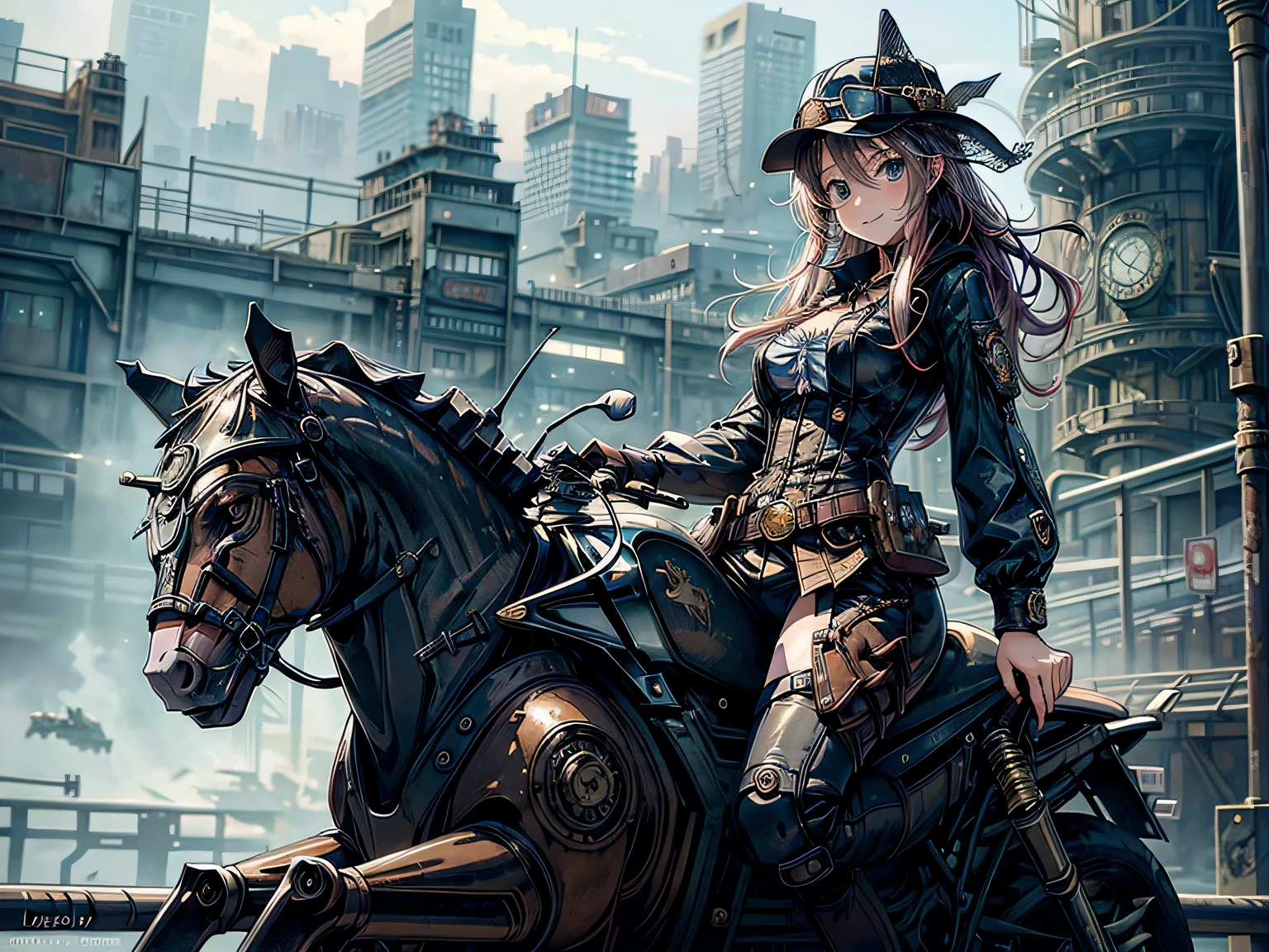 (Manga style),(Line art_anime),(Cowboy Shot, highest quality, ),(Photo by Laura Budd:1.2),(Laura Add details:1.0),8k, Flat Color:0.8,(1 girl,Smile 1.5)、View your viewers,(1. Riding a steampunk bike.8)、(Classic style bike 1.5)、(Highly decorative and complex mechanical steampunk fashion, Lace flare dolphin hat、Goggles 1.5、machinery background、Gear background、Intricately mechanized steampunk cityscape 1.5),