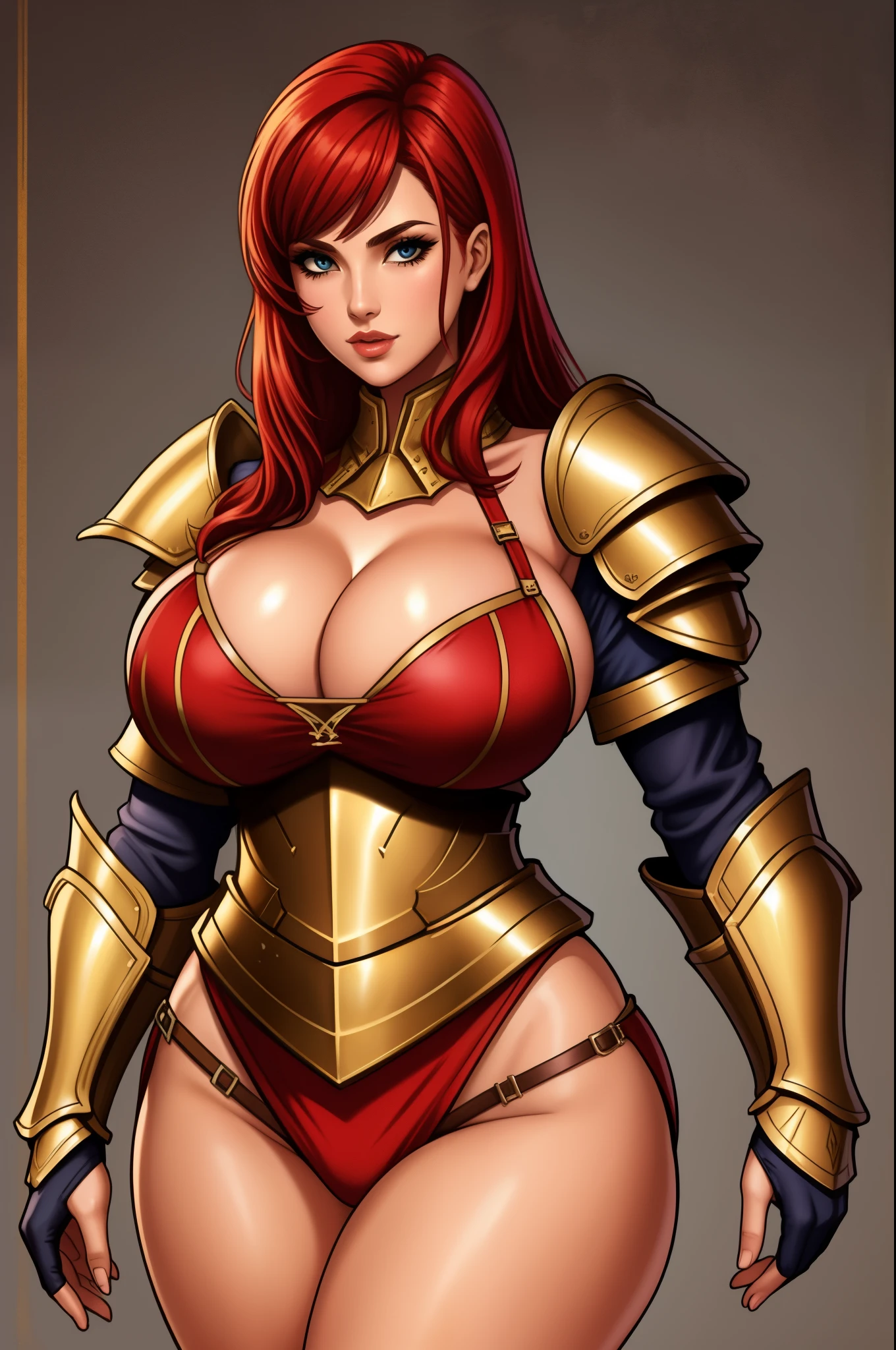 sexy female gladiator, wearing armour, heavy armour, cowboy shot, red hair, toned body, cleavage, wide hips,