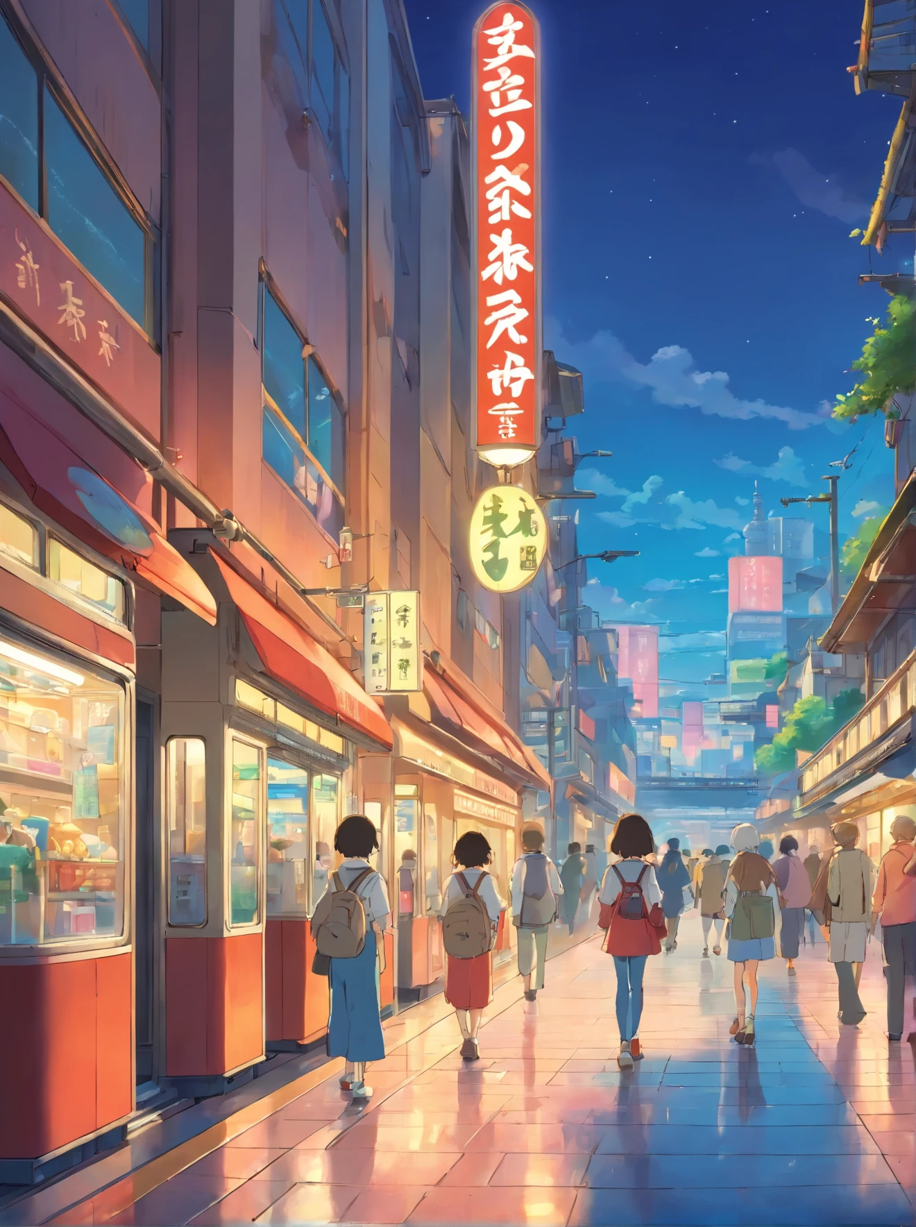 In the daytime，super zoom, detail, people in train station, sunraise，clear skieaiyun, train station，Buildings，lamplight，bustling，Cyber City，neonlight，modern day，big city，streetcar