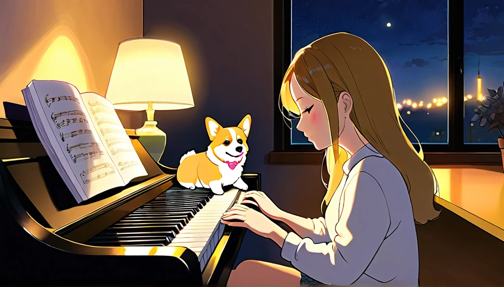 evening, lo fi music for study,
Girl sitting in a cozy corner, Draw a piano.
The soft yellow light of the desk lamp illuminates her thoughtful expression., Demonstrates deep concentration and a calm demeanor.
Her gentle gaze comforts the heart..
Adds atmosphere to a quiet night, Creates a peaceful and calm atmosphere,With dog Corgi.