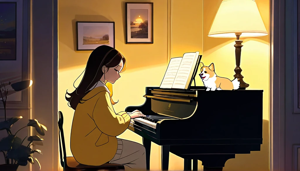 evening, lo fi music for study,
Girl sitting in a cozy corner, Draw a piano.
The soft yellow light of the desk lamp illuminates her thoughtful expression., Demonstrates deep concentration and a calm demeanor.
Her gentle gaze comforts the heart..
Adds atmosphere to a quiet night, Creates a peaceful and calm atmosphere,With dog Corgi.