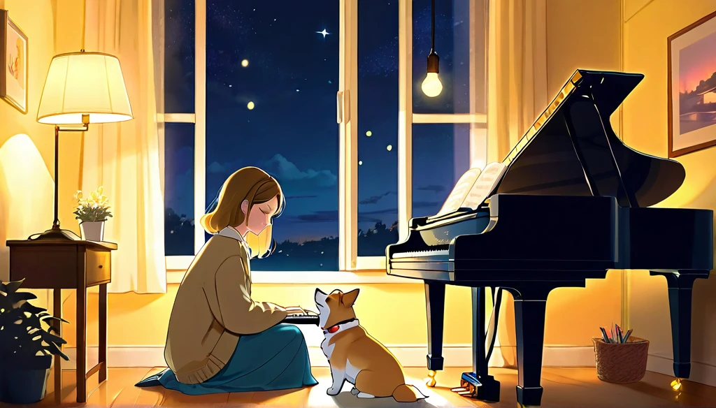 evening, lo fi music for study,
Girl sitting in a cozy corner, Draw a piano.
The soft yellow light of the desk lamp illuminates her thoughtful expression., Demonstrates deep concentration and a calm demeanor.
Her gentle gaze comforts the heart..
Adds atmosphere to a quiet night, Creates a peaceful and calm atmosphere,With dog Corgi.
