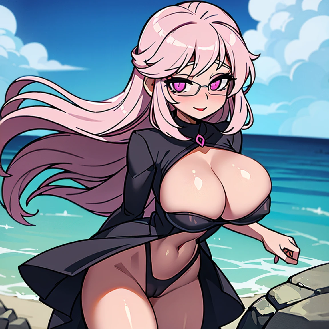 (masterpiece, best quality:1.2), ultra detailed 8k image, cowboy shot, (solo), (1girl):1.5, glasses, long fluffy pink hair, hair blowing, gorgeous body, wide hips, slight smile, ((very sexy and transparent (dark nigthdress)) with exposed navel), musculous belly, gorgeous huge breasts, ((pink breasts niples) under very transparent dark nigthdress), (cameltoe), in front a waterfall in a windy beach, view form sea to beach.