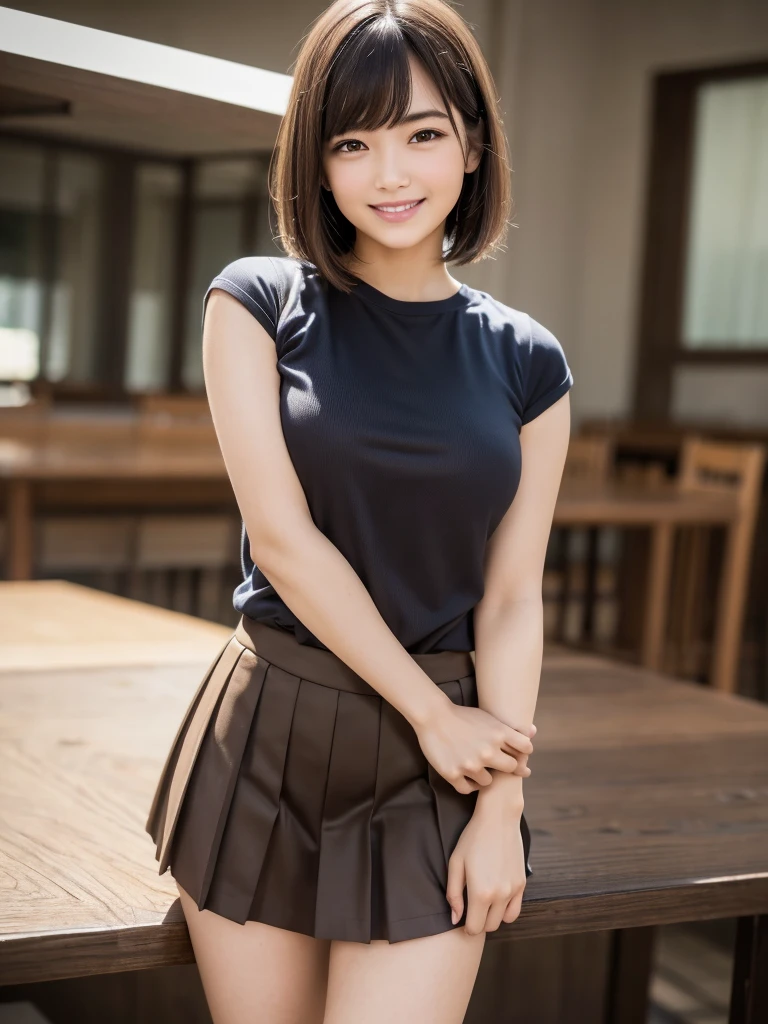 (highest quality, 4k, 8K, High resolution, Tabletop:1.2), Full Body Shot. Super detailed, Realistic:1.37, Light brown hair, Short Bob Hair, Asymmetrical bangs, Mature Woman, high school girl, Casual T-shirts, Micro Mini Pleated Skirt, Super super slender body, Shy and cute face, A very happy smile, ((Pose on Salute))