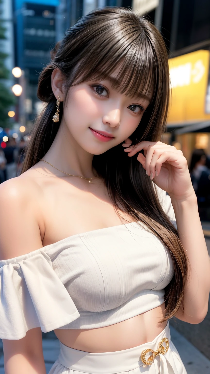 highest quality、Natural Lip、Fair skin、Great light、Beautiful lighting、((Straight hair))、((Ponytail Hair))、((Black Hair))、Blunt bangs、Off the shoulder、Large Breasts、Large Breastsの谷間、White crop top、mini skirt、Gorgeous Accessories、Harajuku at night、smile、かわいいsmile、Crowd in the city at night