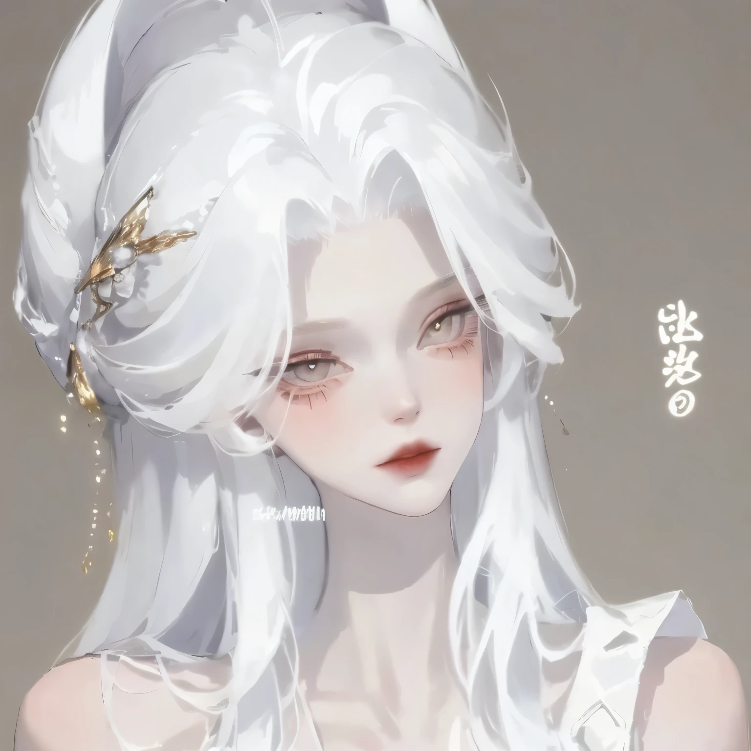 best quality, masterpiece,white hair, Golden Eyes,White clothes, look up, Upper Body,Hair,White skin,Side Braid
