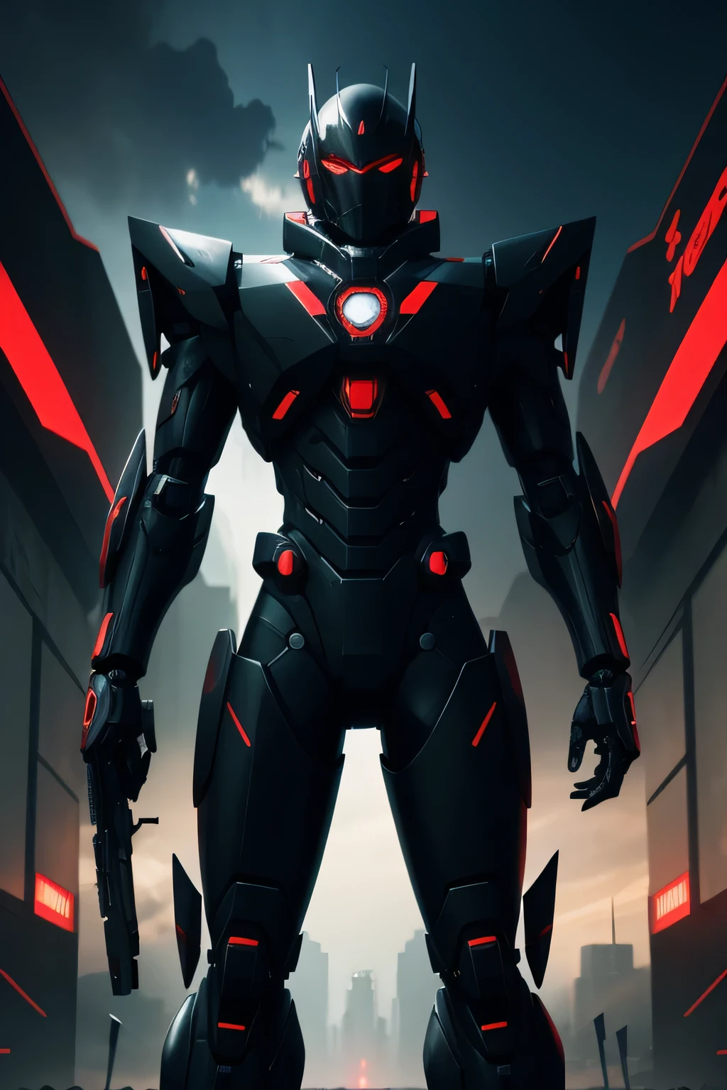 Black color mecha highlighted in red accents,cyber punk perssonage, anime cgi illustrate, digital art, comic
