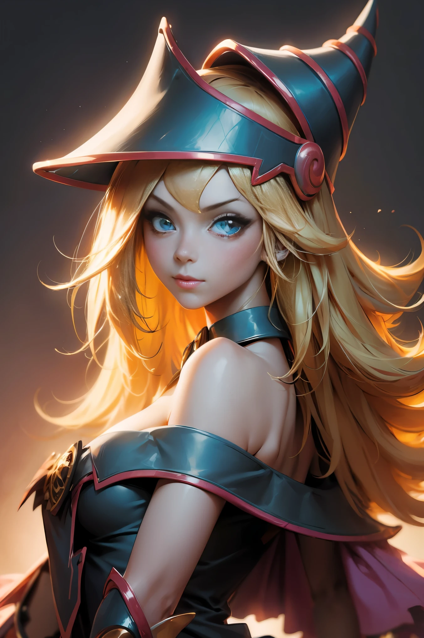 Create the beautiful face of dark magician gils. blue eyes. Extra long eyelashes. Thick Eyelashes. big eyelashes. pink lips. Tez blanca. blond hair. Tender girl smile. dark wizard gils