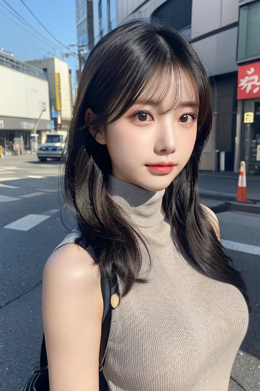(huge 、Turtleneck knit、Shoulder bag)、(highest quality,masterpiece:1.3,超A high resolution,),(Ultra-detailed,Caustics),(Photorealistic:1.4,RAW shooting,)Ultra-Realistic Capture,Very detailed,High resolution 16K for human skin、 The skin texture is natural、、The skin looks healthy、The color is also uniform.、 Use natural light and color,One Woman,Japanese,,cute,Black-haired,Mid-length hair,(Depth of written boundary、chromatic aberration、、Wide range of lighting、Natural Shading、)、(Hair swaying in the wind:1.2)、Tokyo cityscape、Large chest、valley